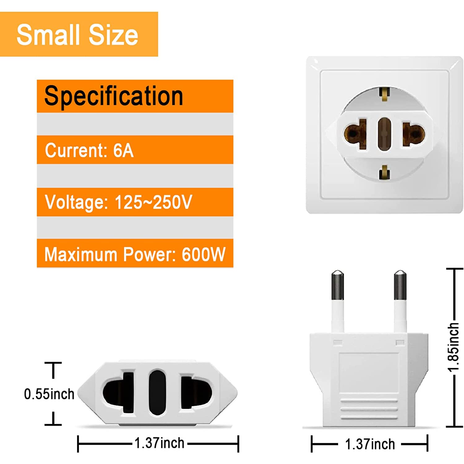 Tedlin European Travel Plug Adapter USB-C for US & CA to Most of Europe, Spain, Germany, France, Italy, Israel - 6 Pack