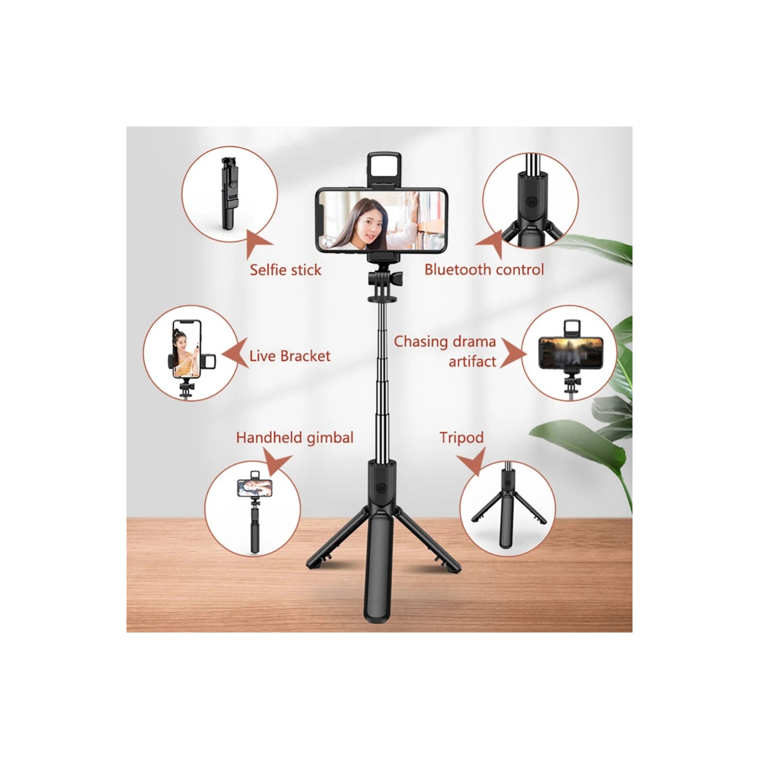 3-in-1 Selfie Stick Tripod with Rechargeable Fill Light & Wireless Remote – 360° Rotation, 10m Range, Foldable & Portable Stand for