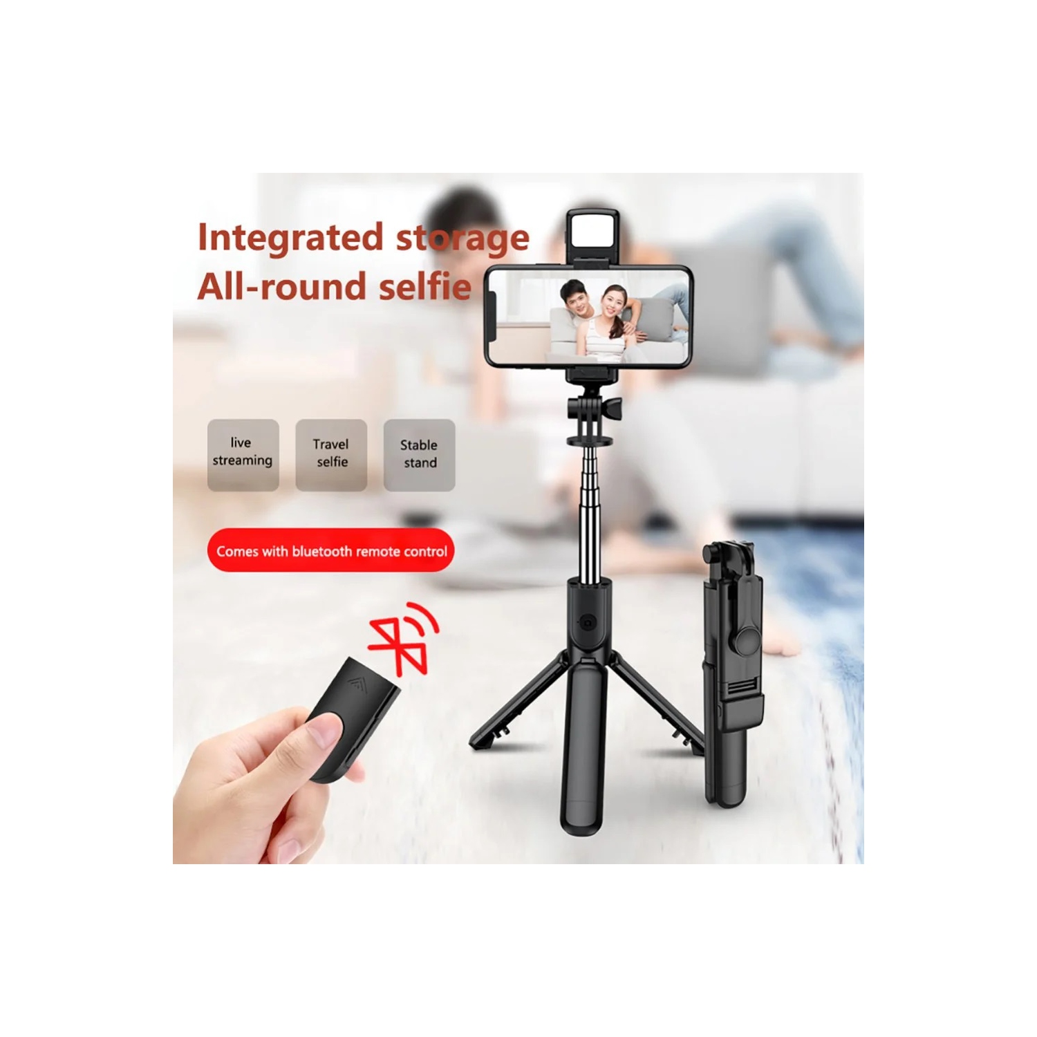 3-in-1 Selfie Stick Tripod with Rechargeable Fill Light & Wireless Remote – 360° Rotation, 10m Range, Foldable & Portable Stand for