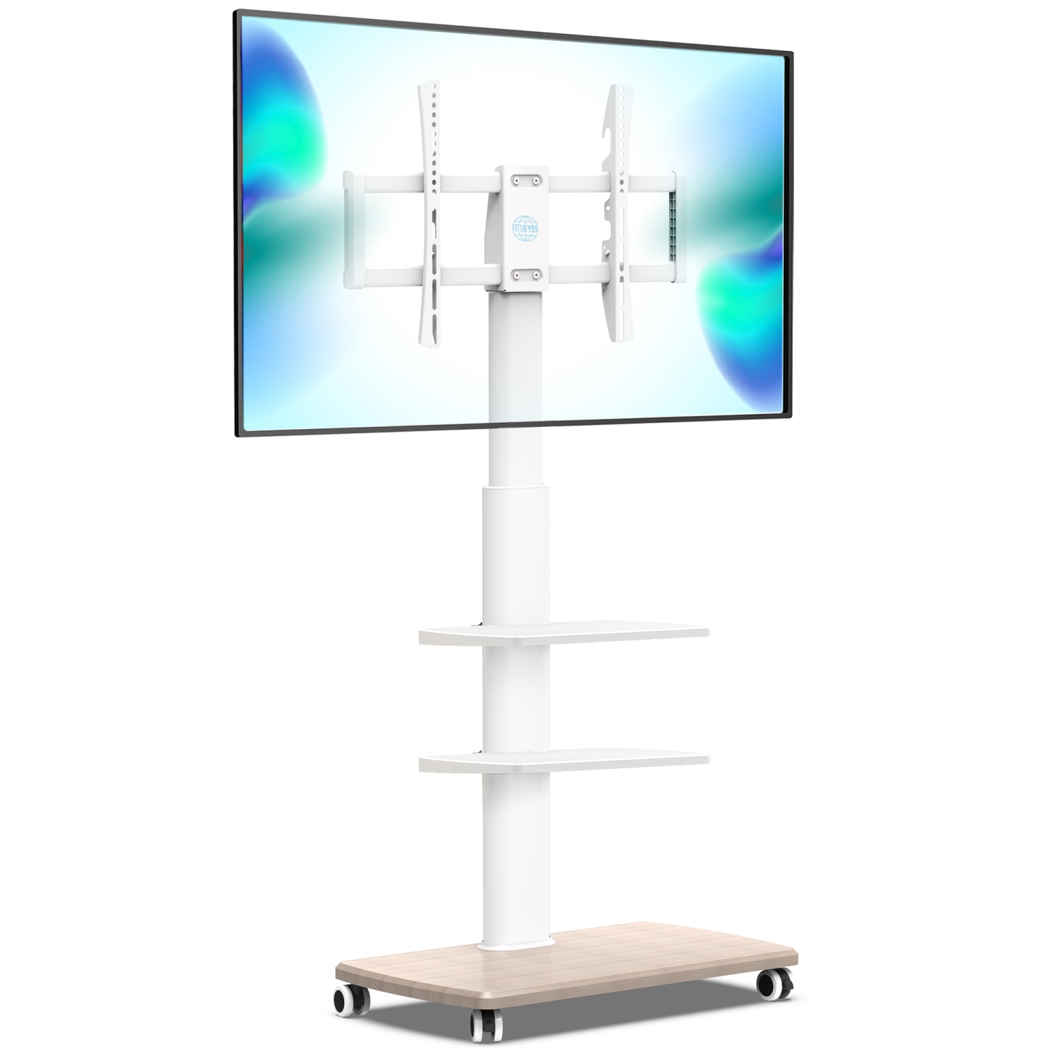 FITUEYES TV Stand with Wheels White 3 Tier for 32 to 70 Inch TV LCD LED Screen Mobile TV Cart with Swivel 60 Degree and Height Adjustable