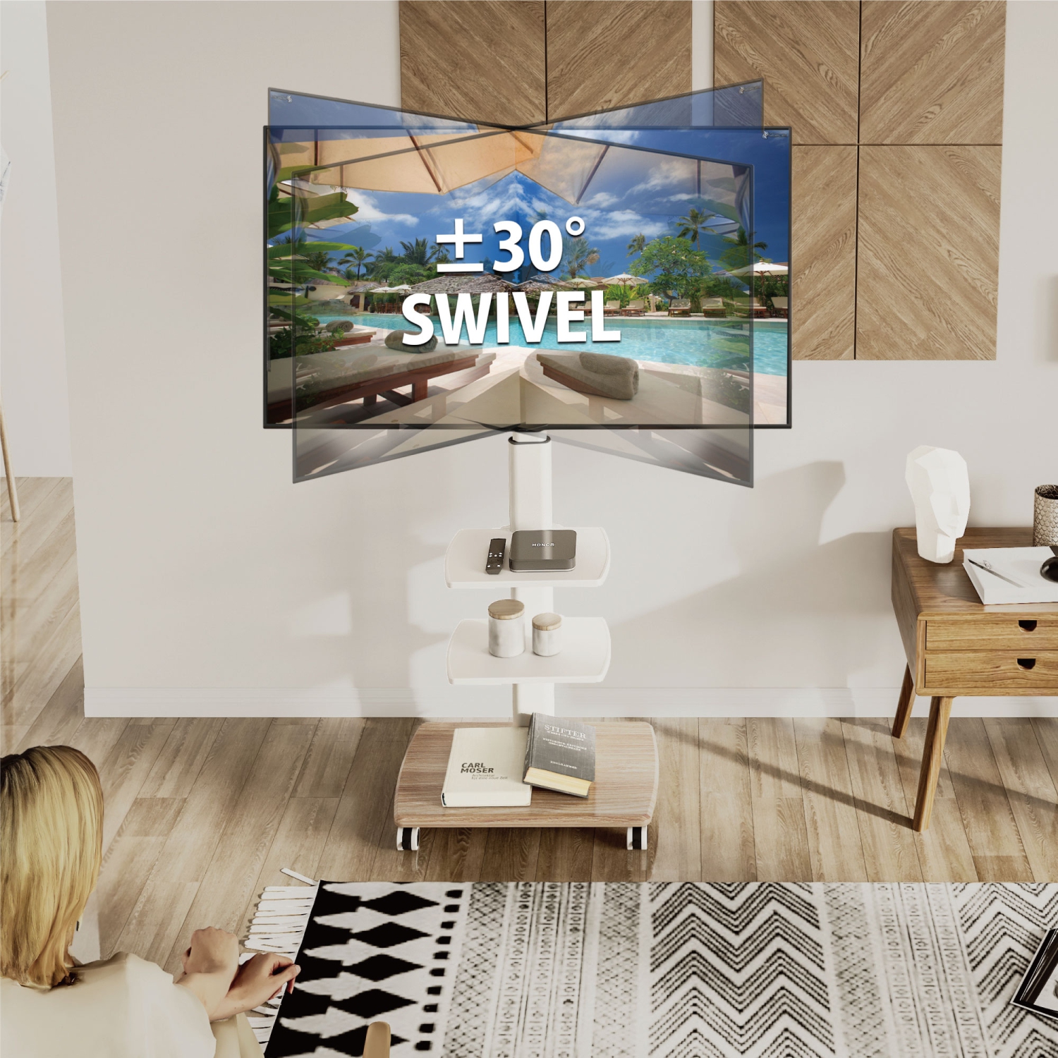 FITUEYES TV Stand with Wheels White 3 Tier for 32 to 70 Inch TV LCD LED Screen Mobile TV Cart with Swivel 60 Degree and Height Adjustable