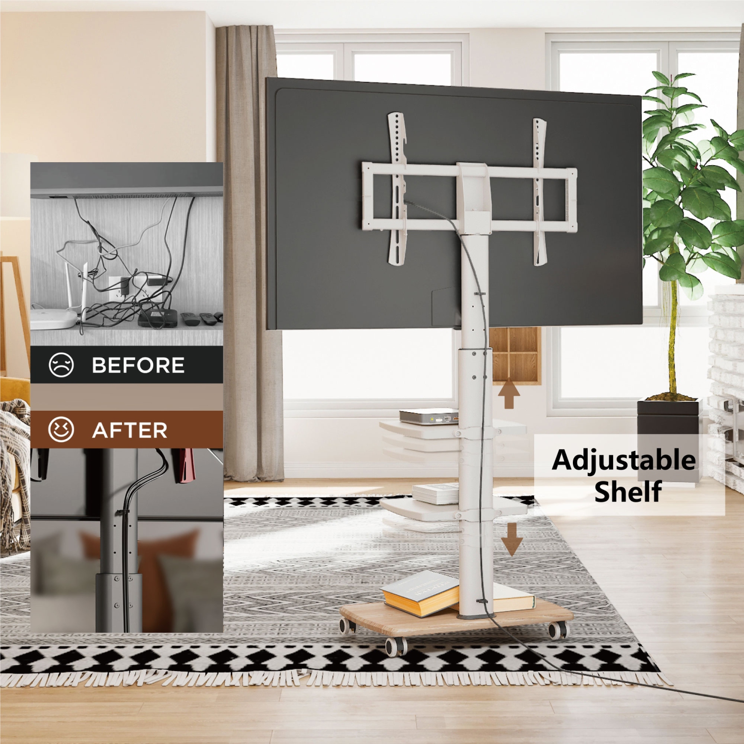 FITUEYES TV Stand with Wheels White 3 Tier for 32 to 70 Inch TV LCD LED Screen Mobile TV Cart with Swivel 60 Degree and Height Adjustable