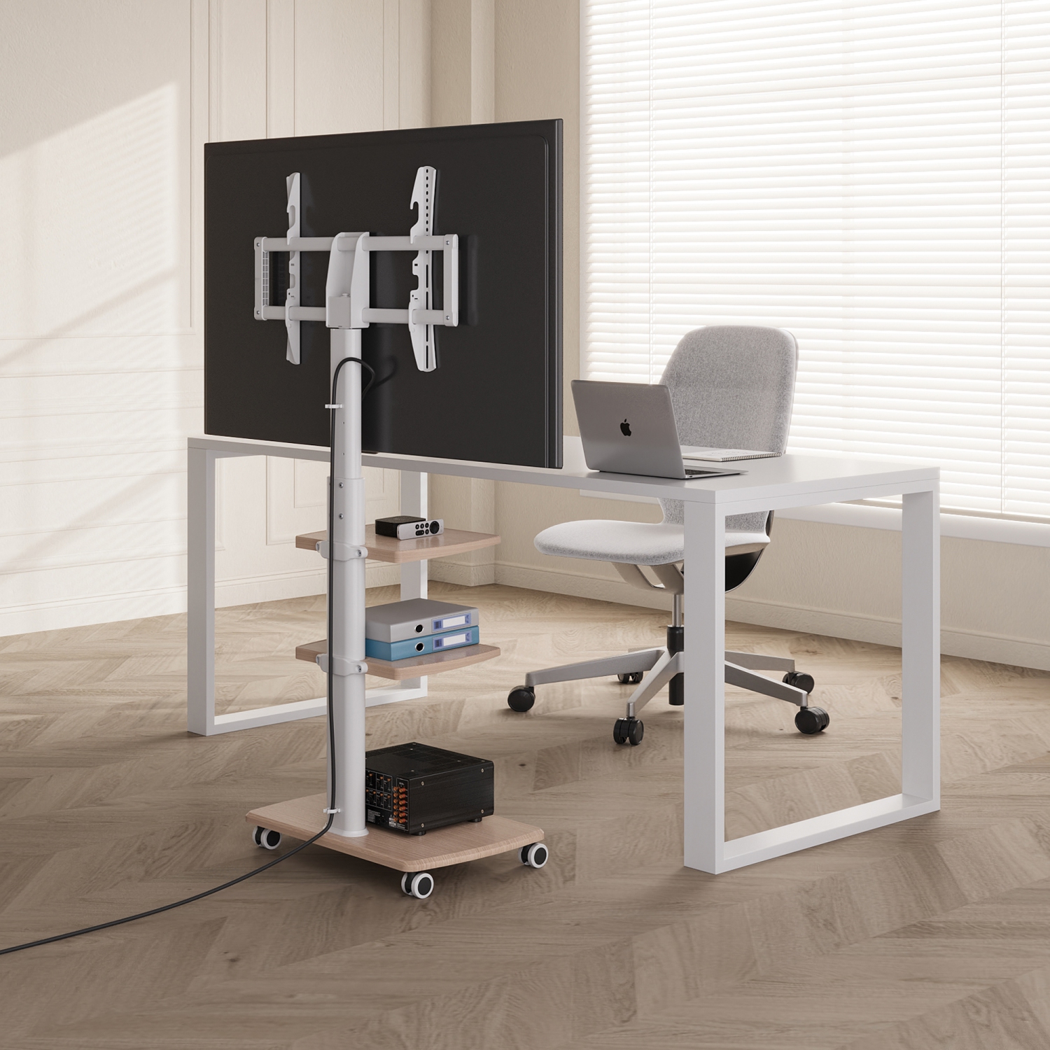 FITUEYES TV Stand with Wheels White 3 Tier for 32 to 70 Inch TV LCD LED Screen Mobile TV Cart with Swivel 60 Degree and Height Adjustable