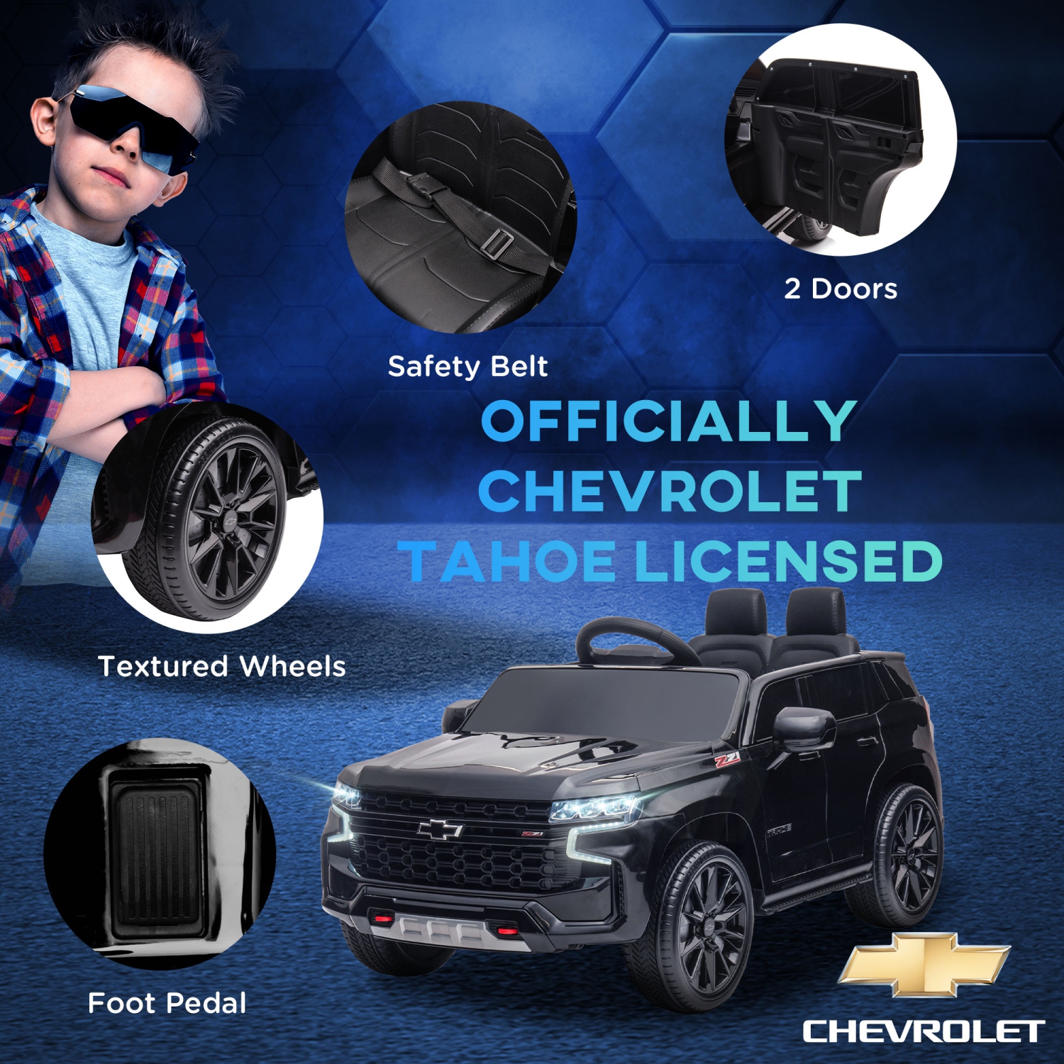 Aosom Licensed Chevrolet Tahoe Kids Ride on Car, 12V 7AH Toddler Electric Car with Parent Remote Control, 3 Speeds, Spring Suspension, LED Light,