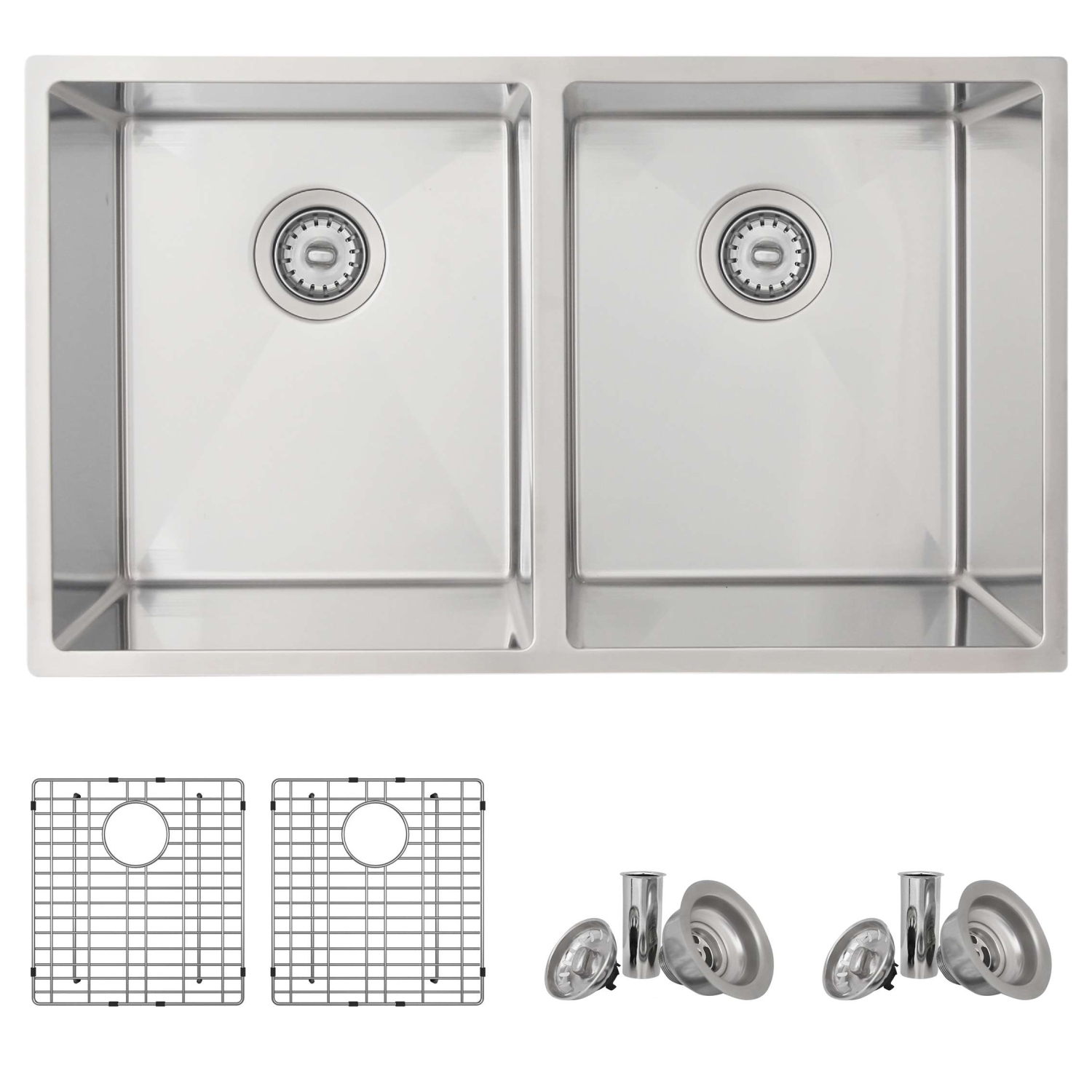 OPEN BOX - 32 inch Double Basin Undermount Kitchen Sink with Grids and Standard Strainers - GRADE A
