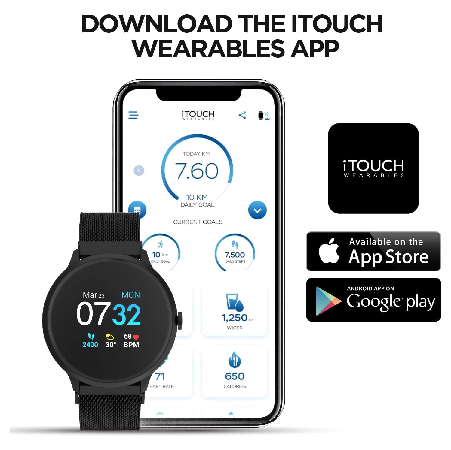 Montre intelligente iTouch Sport de 3&nbsp;mm : Boîtier argenté/bracelet maillé argenté