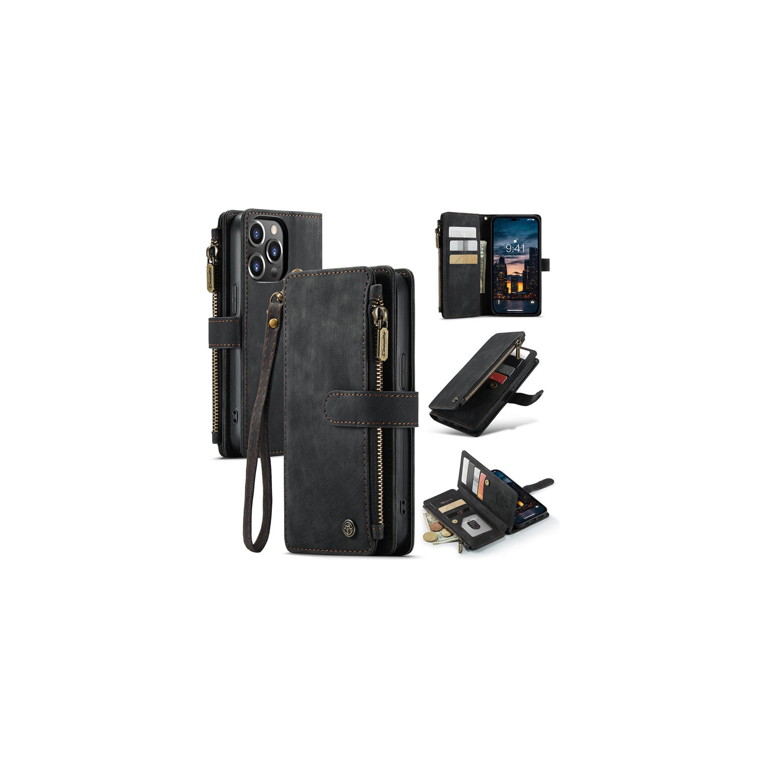 CaseMe iPhone 14 PRO MAX Wallet Case with Card Holder Retro Leather Protective Phone Wallet Case with Magnetic Kickstand Wrist Strap Zipper Cover