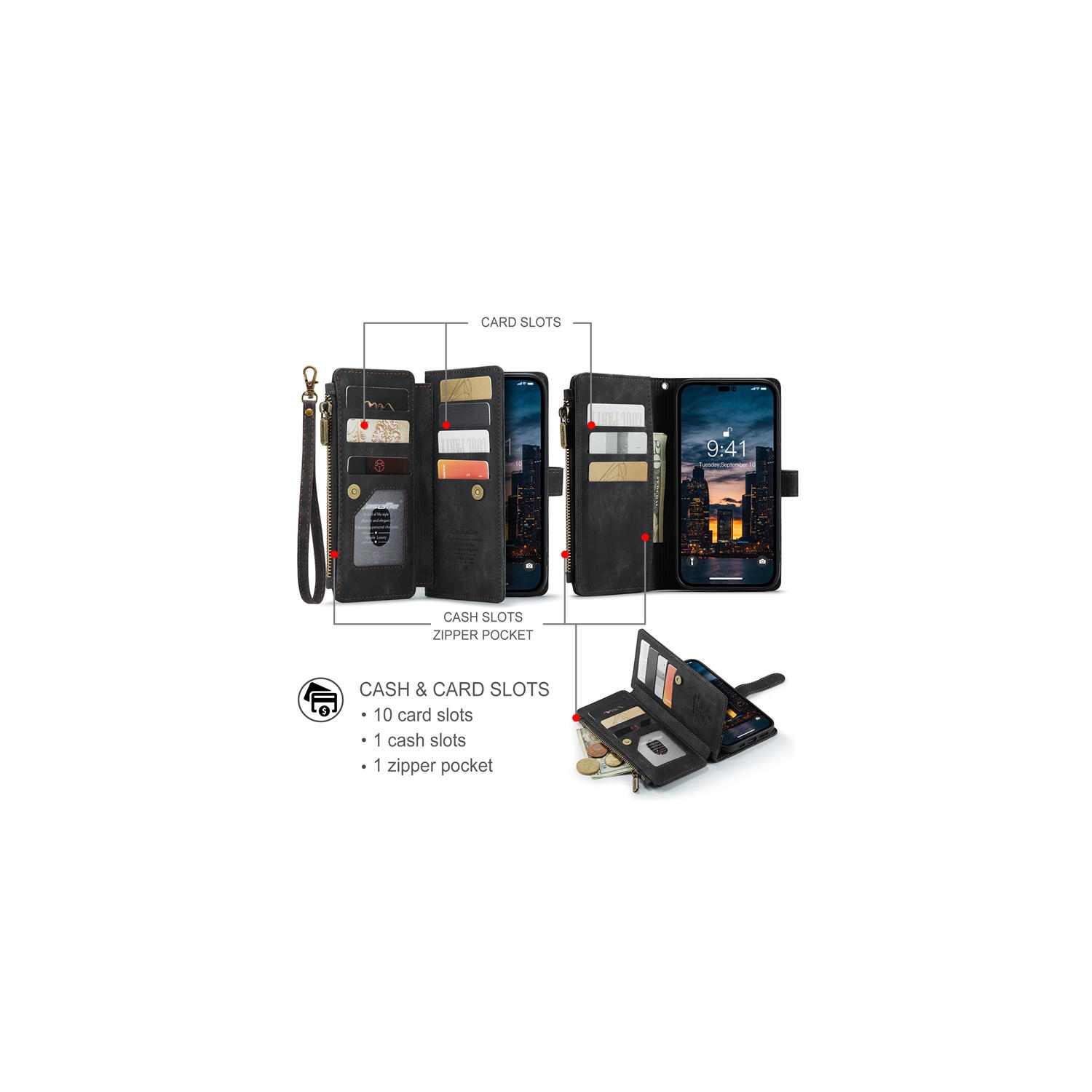 CaseMe iPhone 14 PRO MAX Wallet Case with Card Holder Retro Leather Protective Phone Wallet Case with Magnetic Kickstand Wrist Strap Zipper Cover