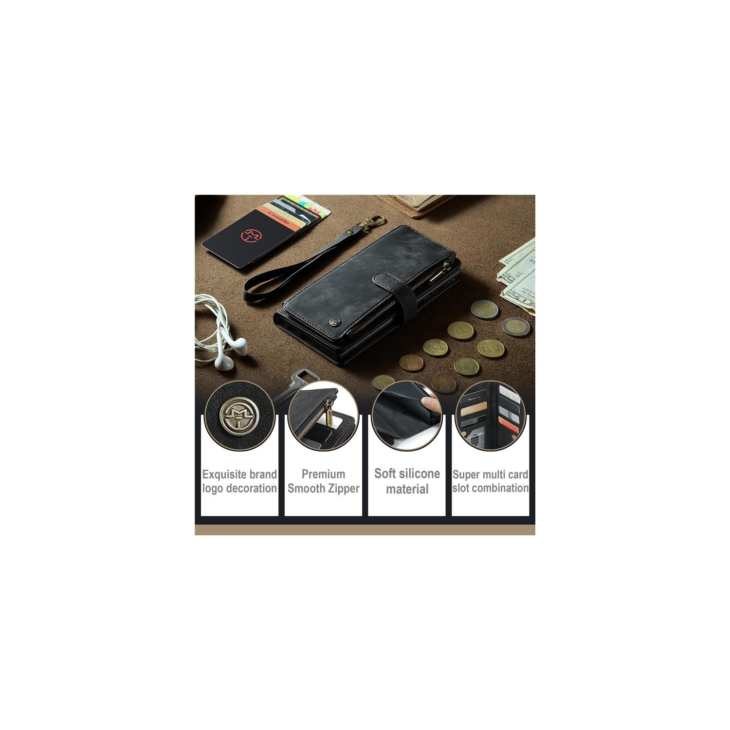 CaseMe iPhone 14 PRO MAX Wallet Case with Card Holder Retro Leather Protective Phone Wallet Case with Magnetic Kickstand Wrist Strap Zipper Cover