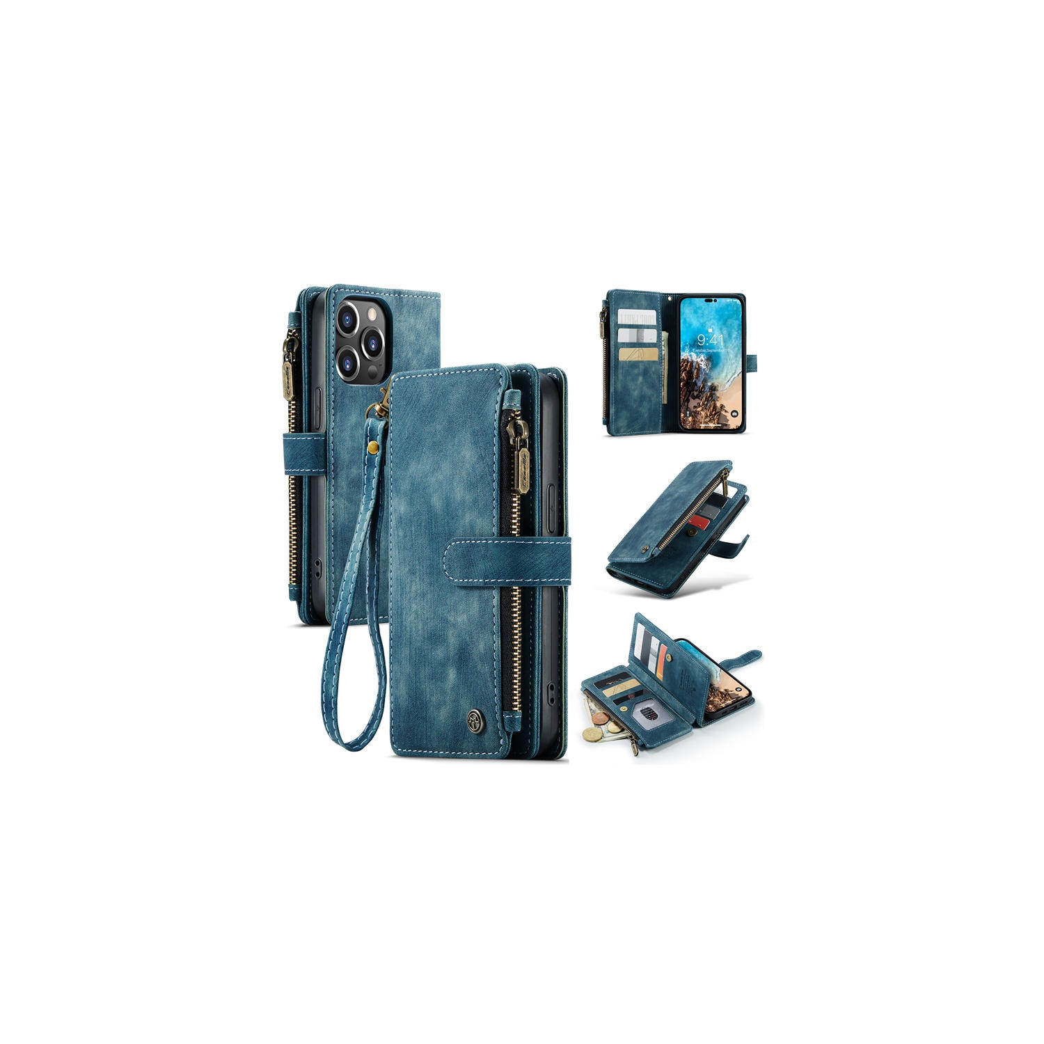 CaseMe iPhone 14 PRO MAX Wallet Case with Card Holder Retro Leather Protective Phone Wallet Case with Magnetic Kickstand Wrist Strap Zipper Cover