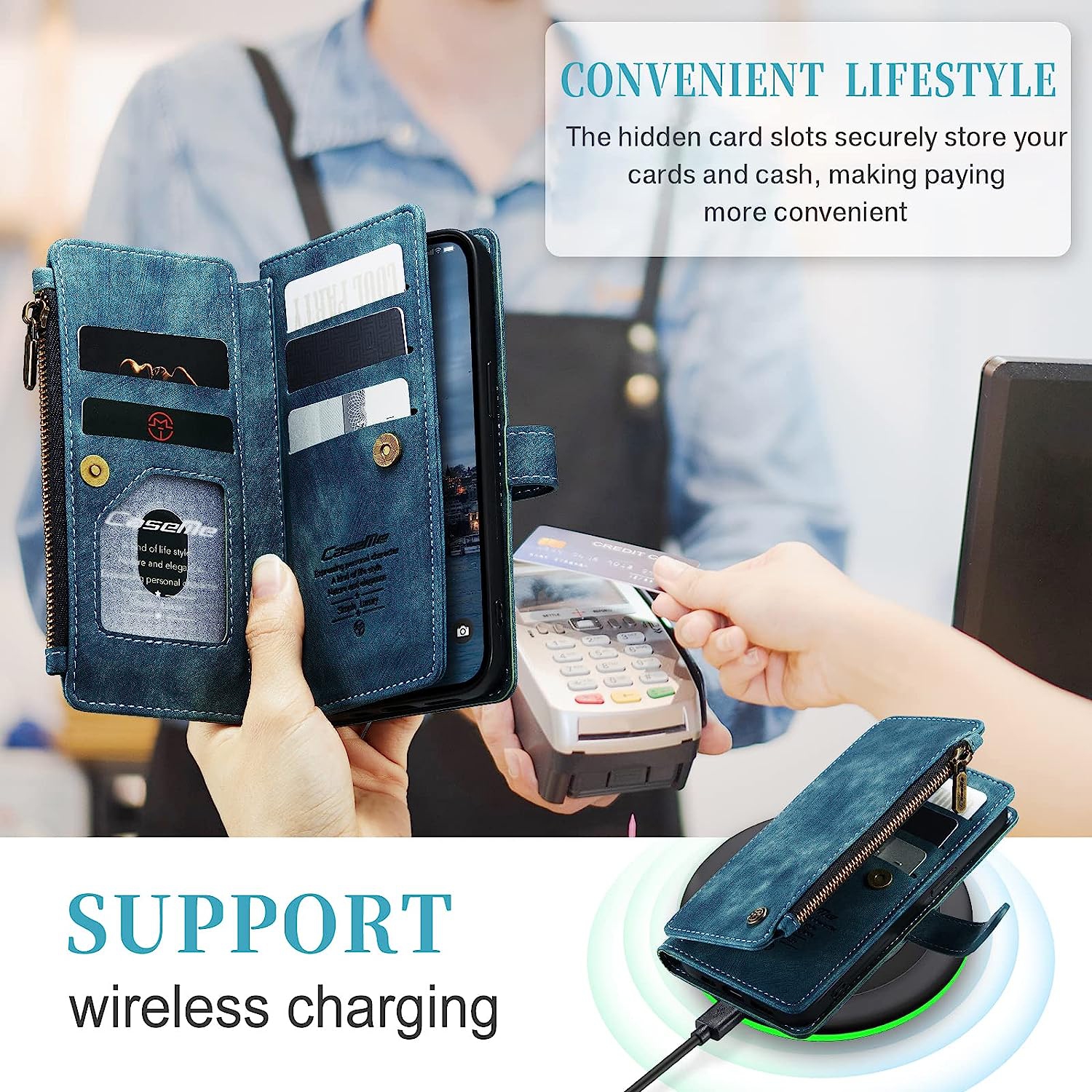 CaseMe iPhone 14 PRO MAX Wallet Case with Card Holder Retro Leather Protective Phone Wallet Case with Magnetic Kickstand Wrist Strap Zipper Cover