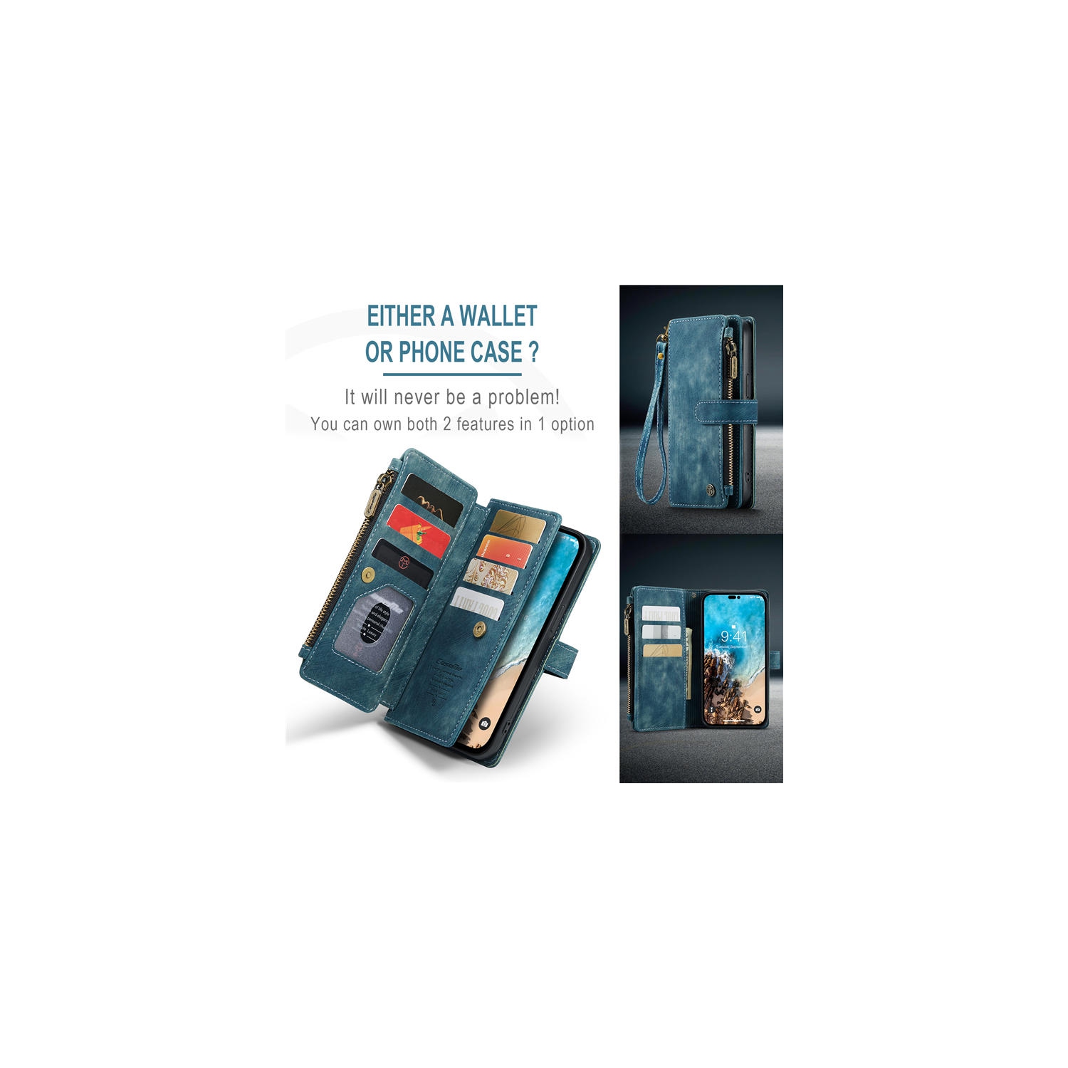 CaseMe iPhone 14 PRO MAX Wallet Case with Card Holder Retro Leather Protective Phone Wallet Case with Magnetic Kickstand Wrist Strap Zipper Cover