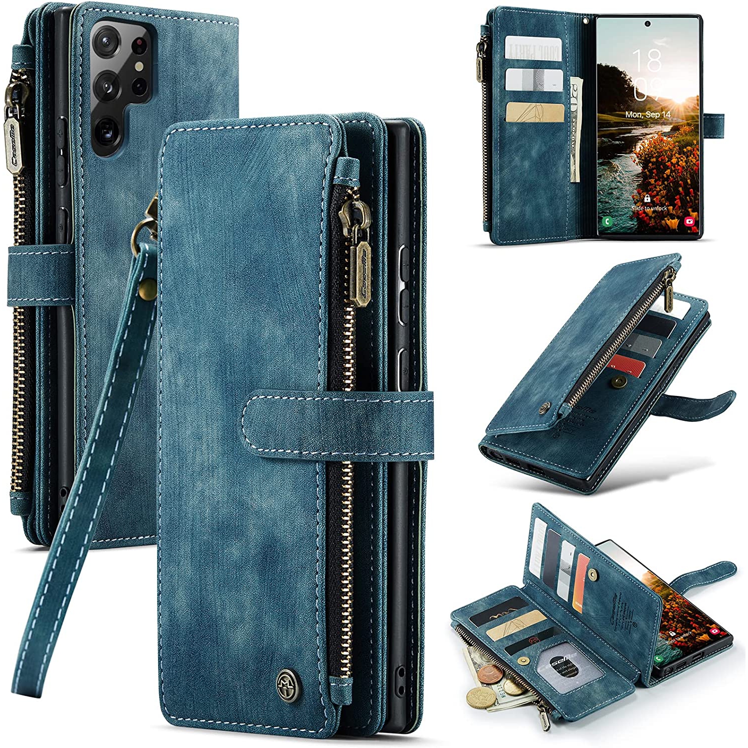 CaseMe Samsung S22 Ultra Wallet Case with Card Holder Retro Leather Protective Phone Wallet Case with Magnetic Kickstand Wrist Strap Zipper Cover