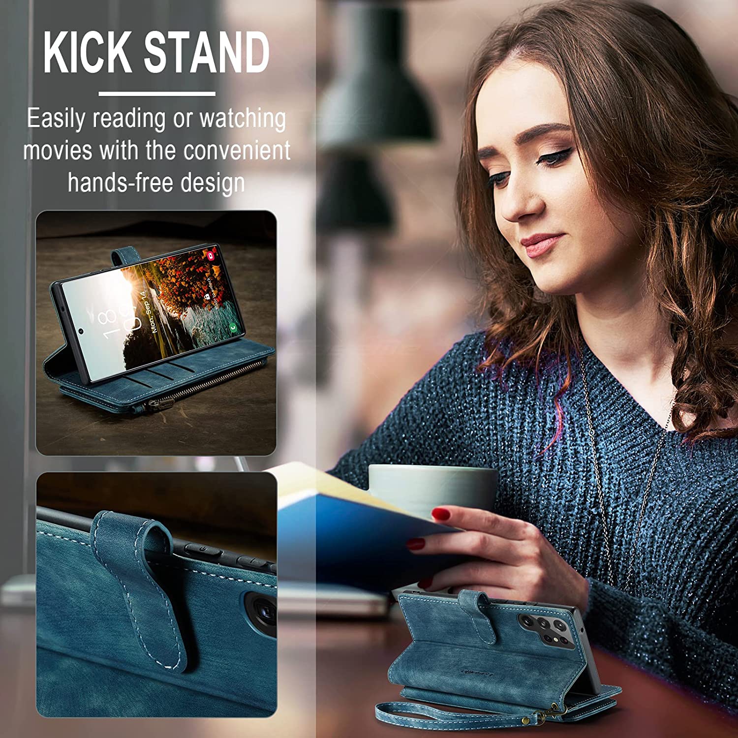 CaseMe Samsung S22 Ultra Wallet Case with Card Holder Retro Leather Protective Phone Wallet Case with Magnetic Kickstand Wrist Strap Zipper Cover