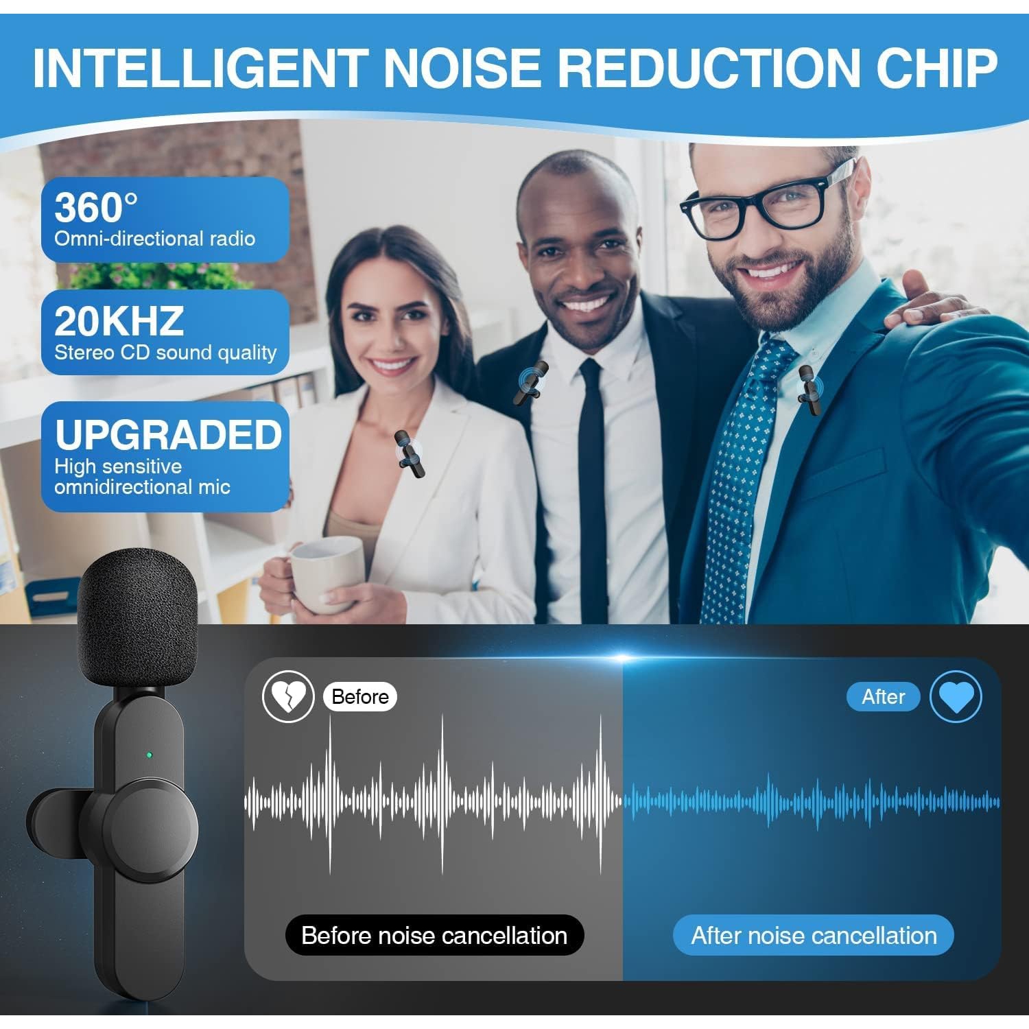 Micro-cravate double sans fil 3-en-1 ULTREND, réduction du bruit intégrée 2,4G, micro-voix omnidirectionnel 360, réception sans fil 120 mètres, long