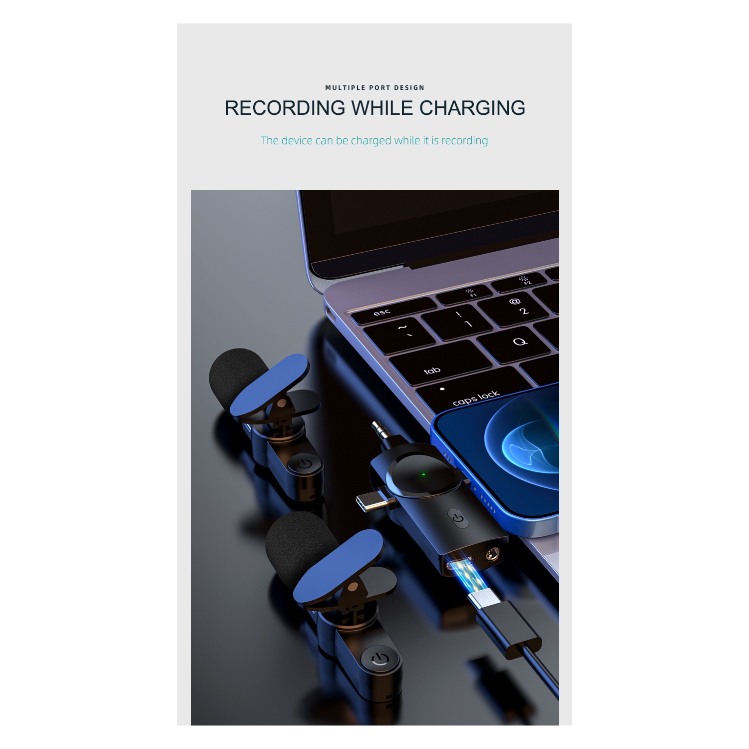 Micro-cravate double sans fil 3-en-1 ULTREND, réduction du bruit intégrée 2,4G, micro-voix omnidirectionnel 360, réception sans fil 120 mètres, long