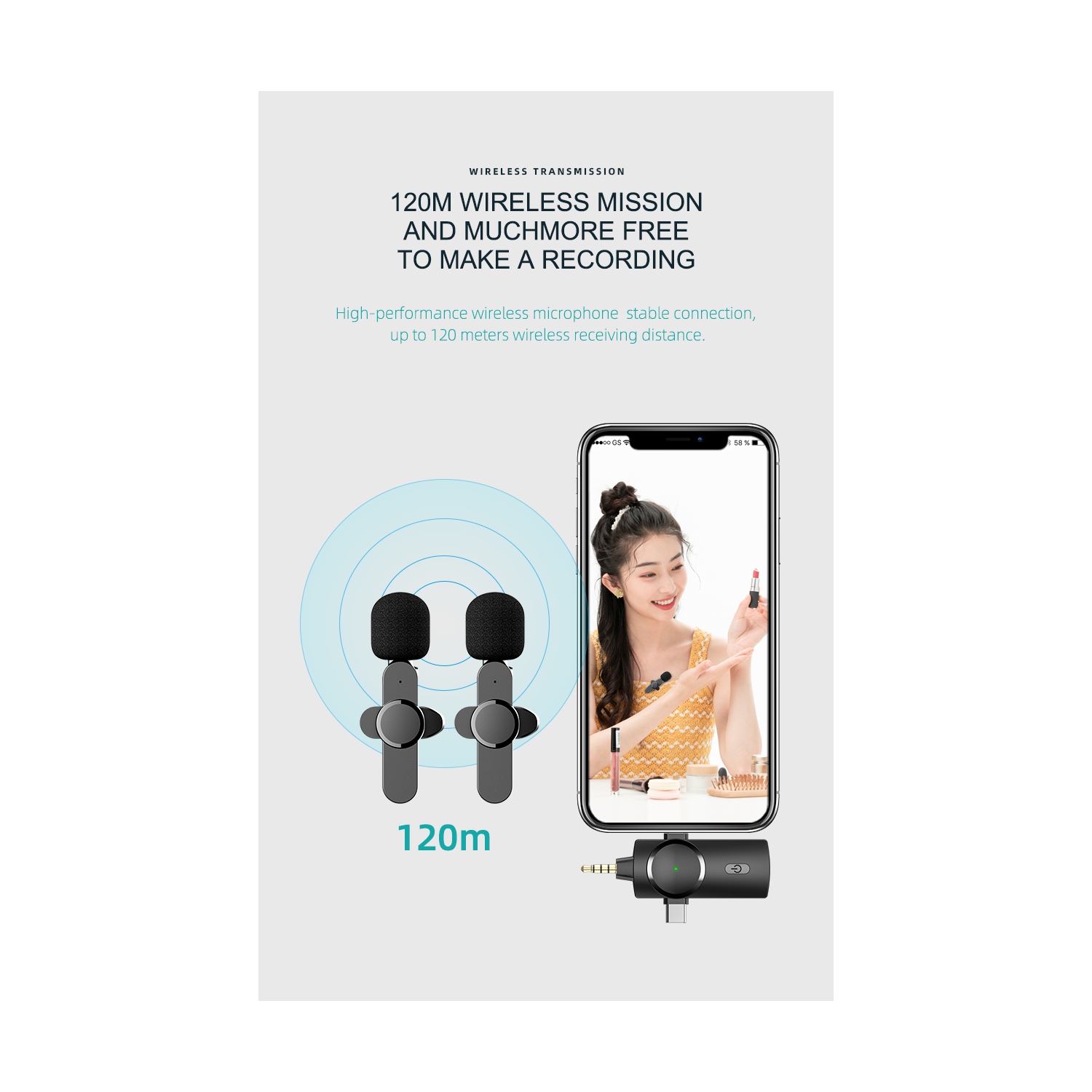 Micro-cravate double sans fil 3-en-1 ULTREND, réduction du bruit intégrée 2,4G, micro-voix omnidirectionnel 360, réception sans fil 120 mètres, long
