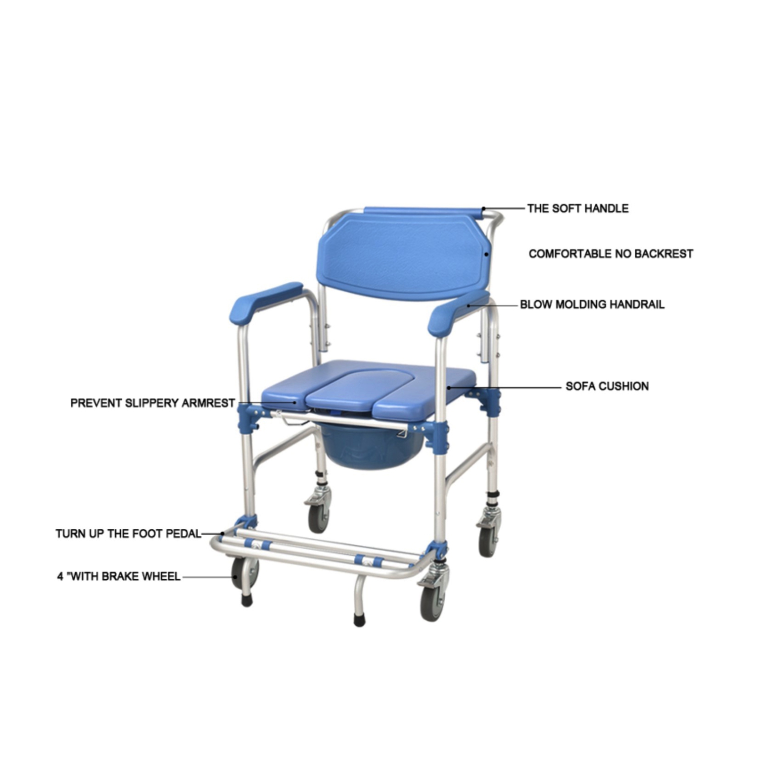 Light weight Shower Commode Chair Personal Mobility Assist Toilet Commode Wheelchair Transport Rolling Chair Waterproof with Arm and Footrests for