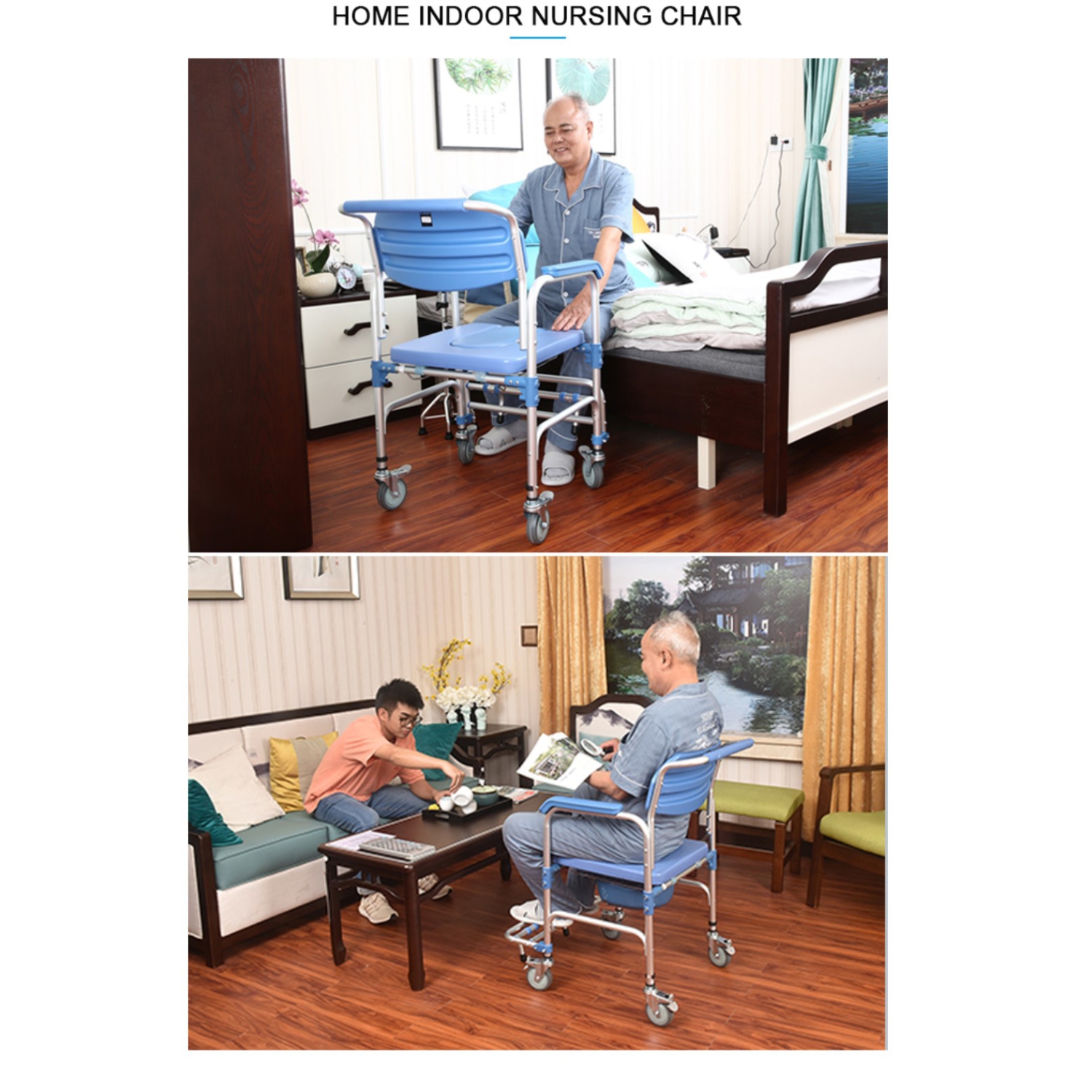 Light weight Shower Commode Chair Personal Mobility Assist Toilet Commode Wheelchair Transport Rolling Chair Waterproof with Arm and Footrests for