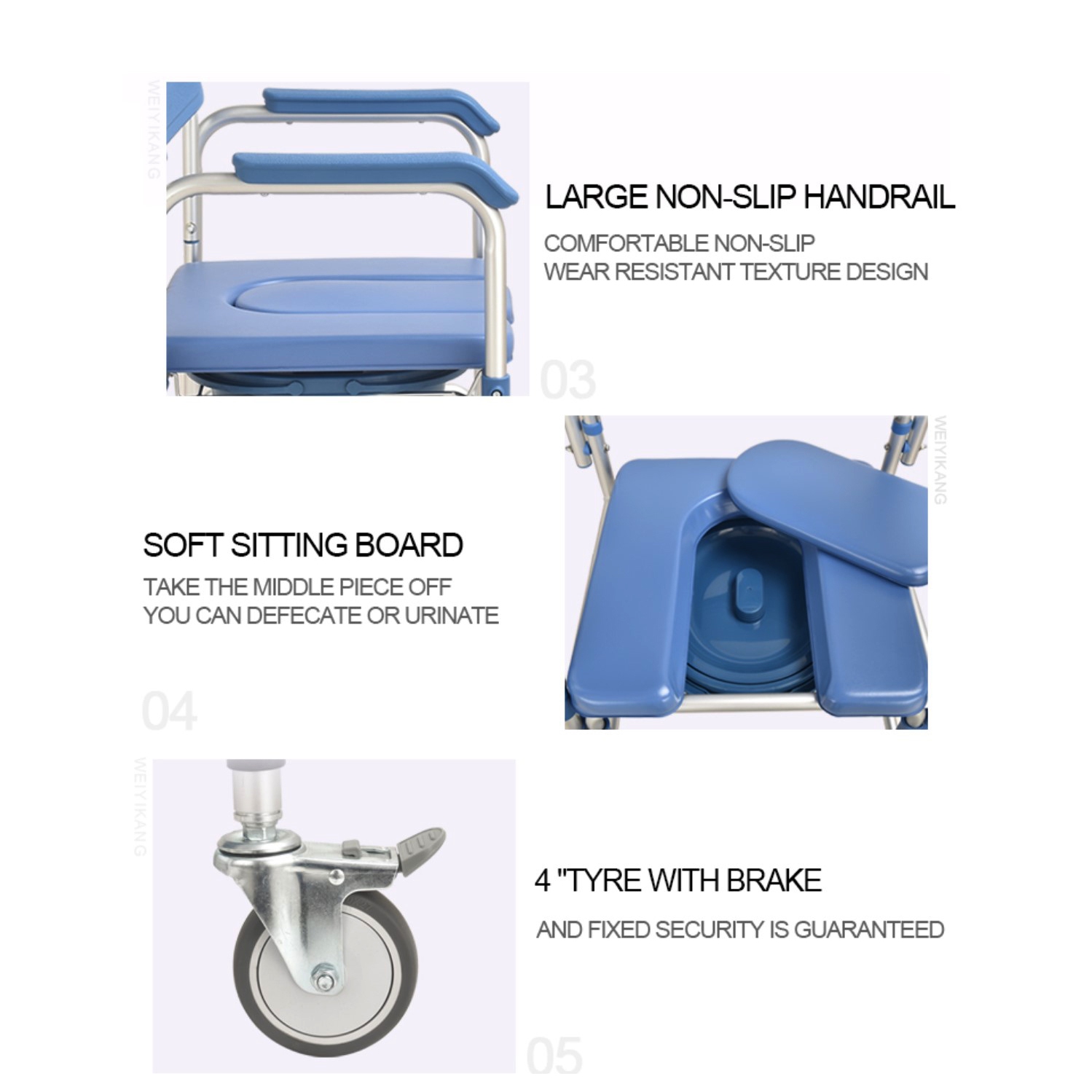 Light weight Shower Commode Chair Personal Mobility Assist Toilet Commode Wheelchair Transport Rolling Chair Waterproof with Arm and Footrests for