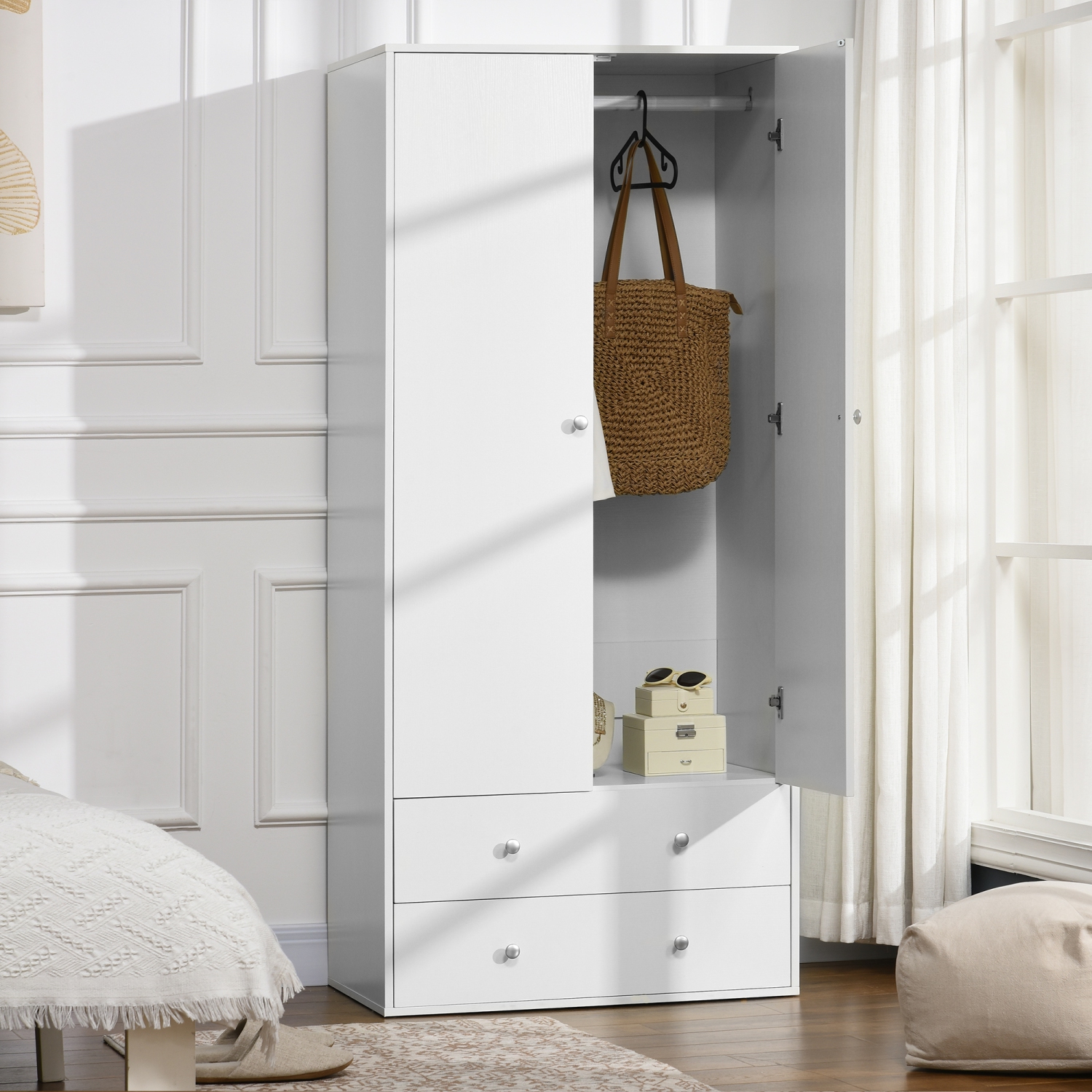 HOMCOM Modern Wardrobe Closet Armoire with 2 Drawers and Hanging Rod, Clothes Storage Organizer with Anti-tipping Design for Bedroom, White