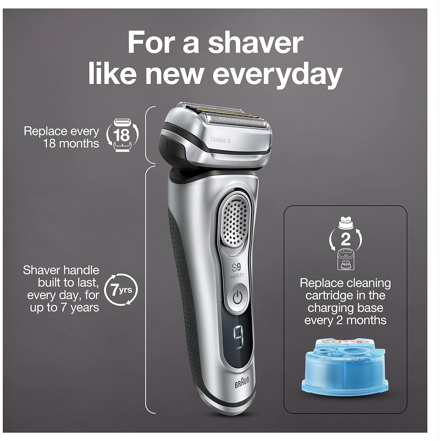 Rasoir électrique à grille pour hommes série 9370CC de Braun, sec et humide, étui de transport avec système de nettoyage et de chargement