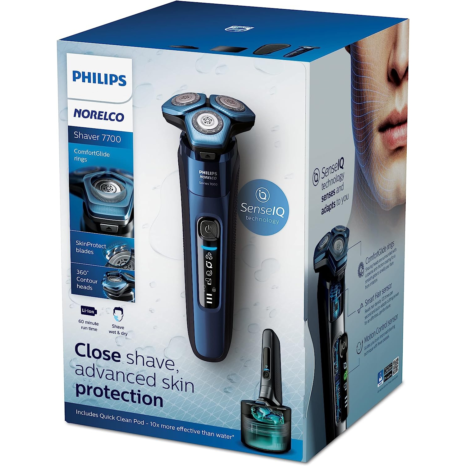 Rasoir électrique avec ou sans mousse rechargeable Norelco 7700 de Philips avec technologie SenseIQ, Quick Clean Pod, socle de recharge et tondeuse