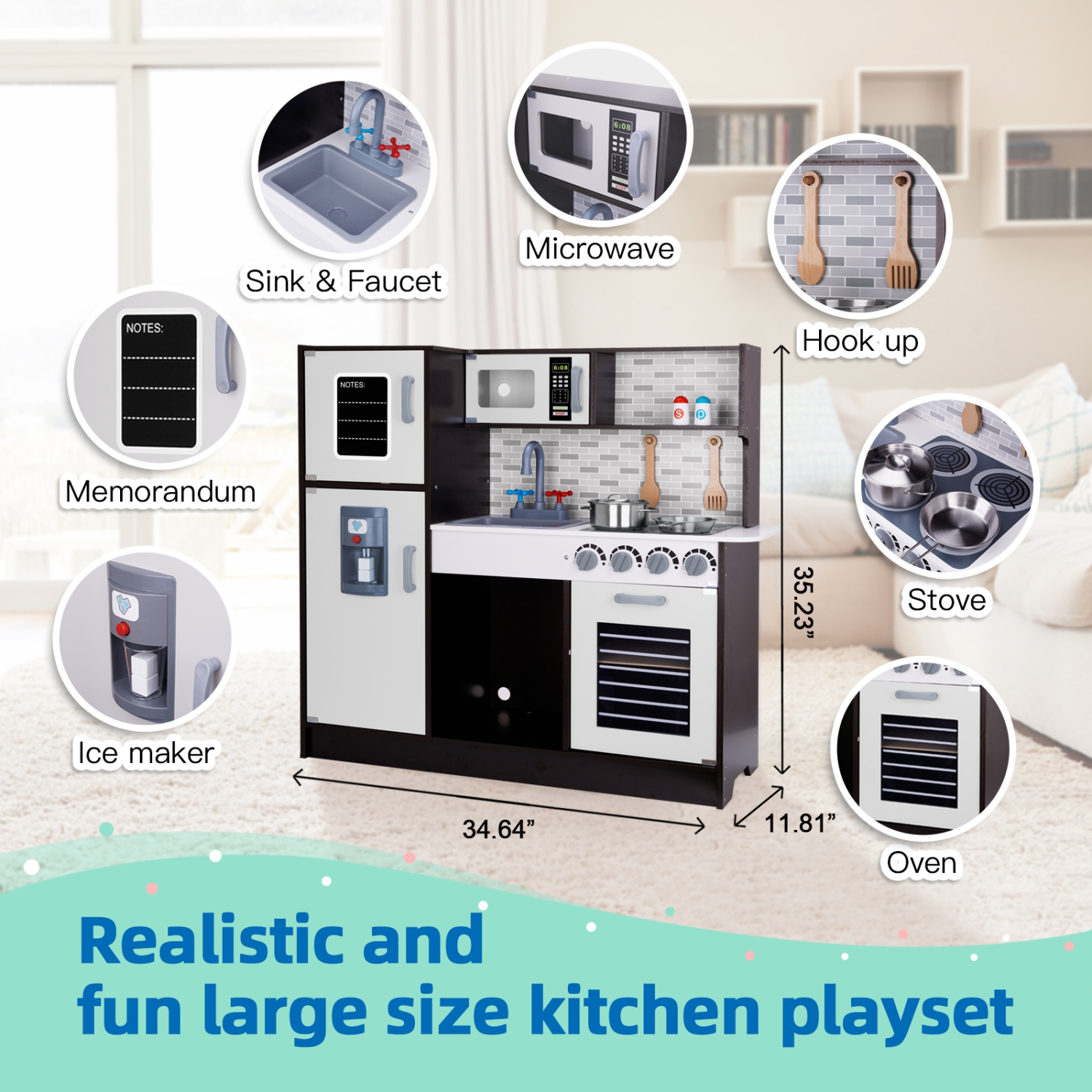 Ensemble de cuisine de jeu en bois TOOKYLAND - jeu de cuisine factice avec four jouet, cuisinière, évier, four à micro-ondes, accessoires; Pour les