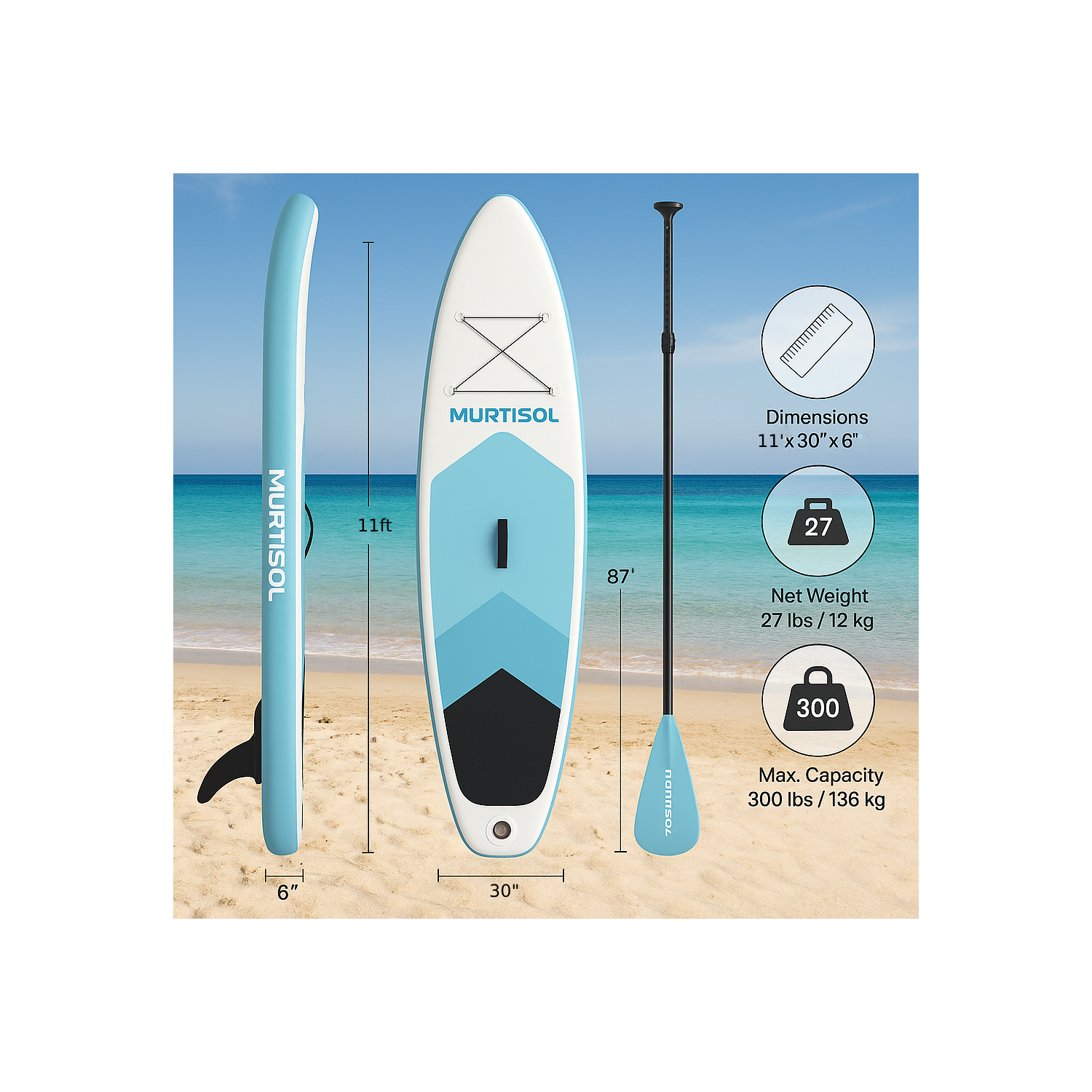 11FT Inflatable Stand up Paddle Board Ultra-Thick Durable PVC w/Premium SUP Accessories & Carry Bag |upgraded paddle boards w/ 3 Fish Fin for