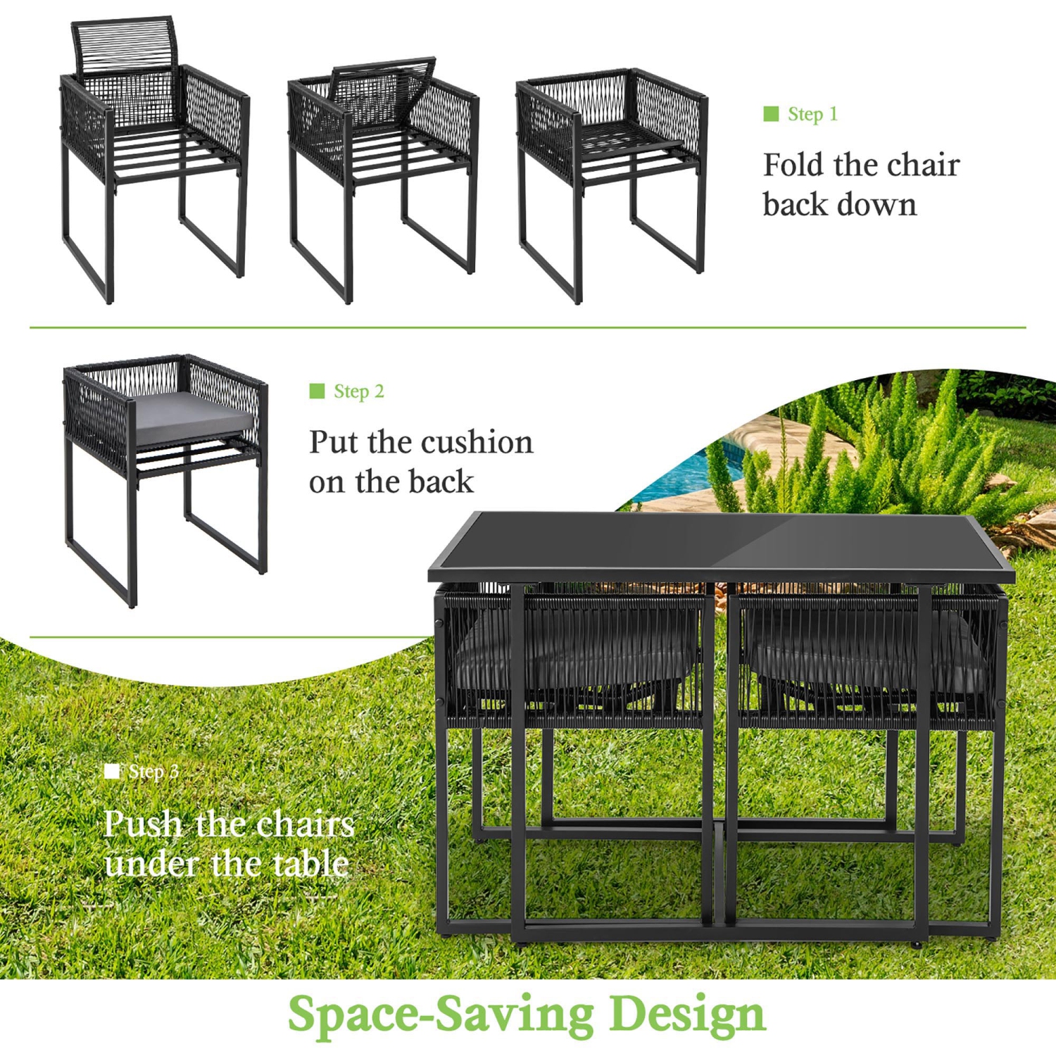 Costway 3PCS Patio PE Wicker Furniture Set Cushioned&nbsp;Chairs with Folding Backrest Backyard