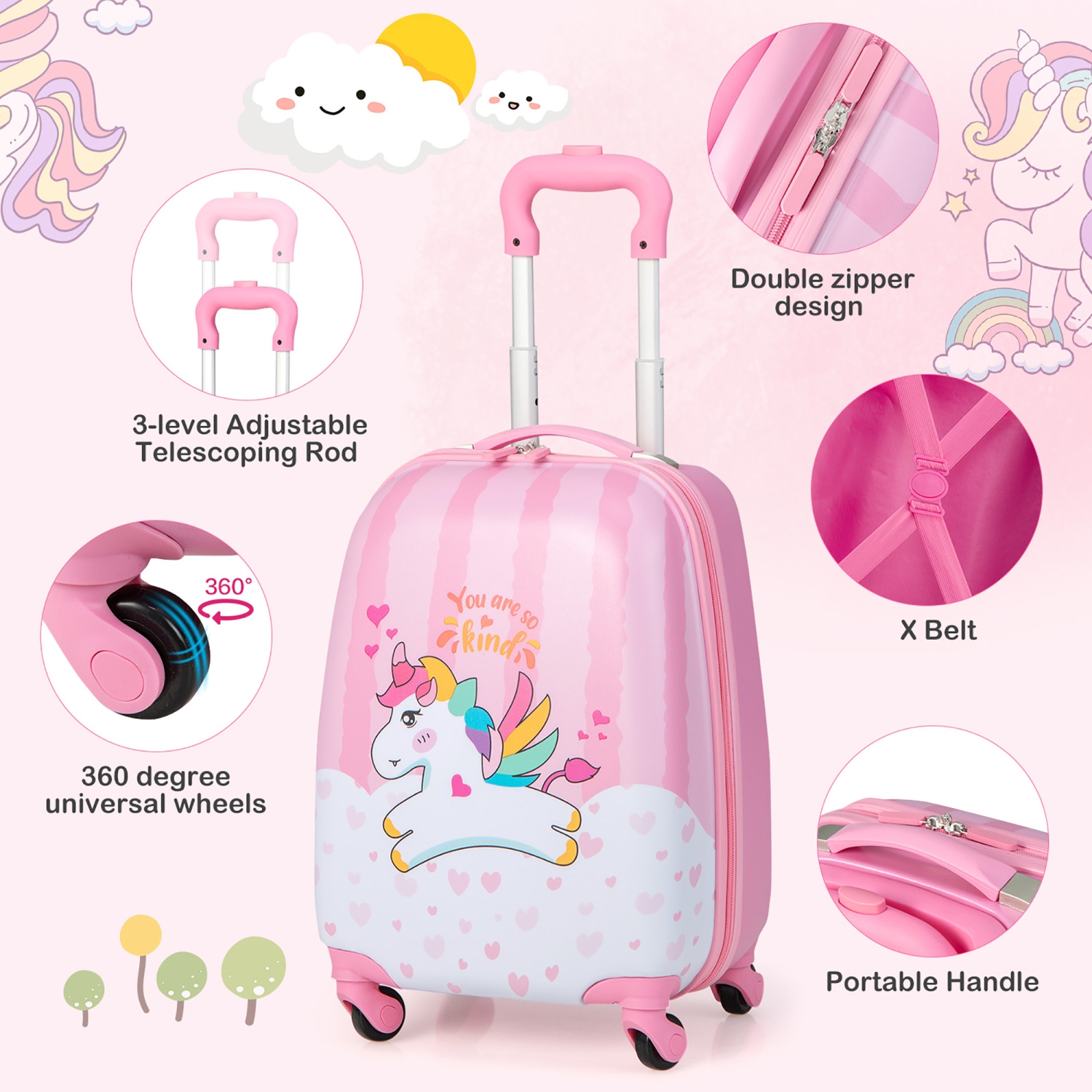 Ensemble de valises de cabine pour enfants 2PC de Costway 12 po et valise à roulettes de 16 po pour le voyage