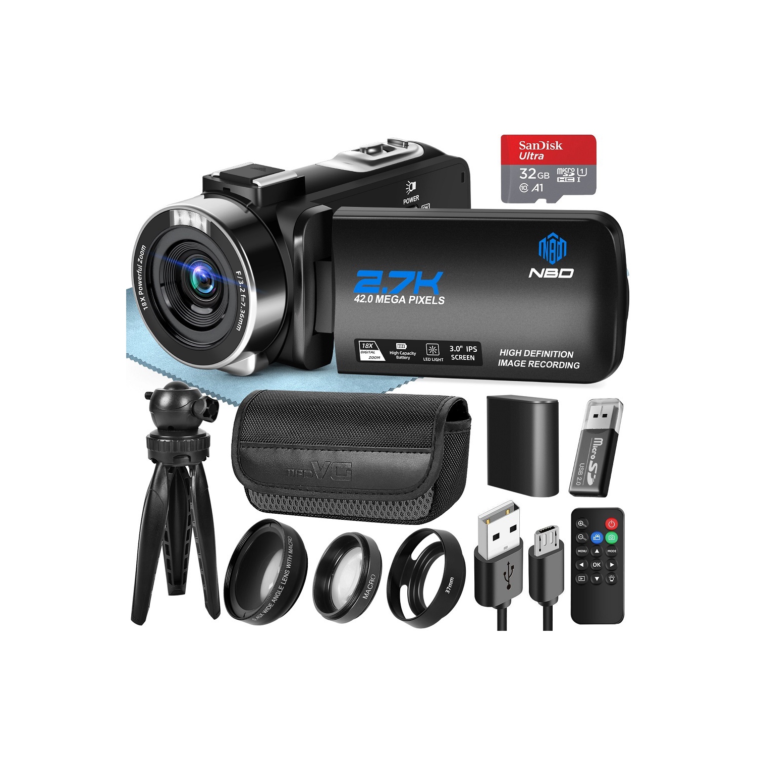 NBD Video Camera 2.7K Ultra HD 42MP Youtube Vlogging Camera 3.0” Camcorder with Remote Control