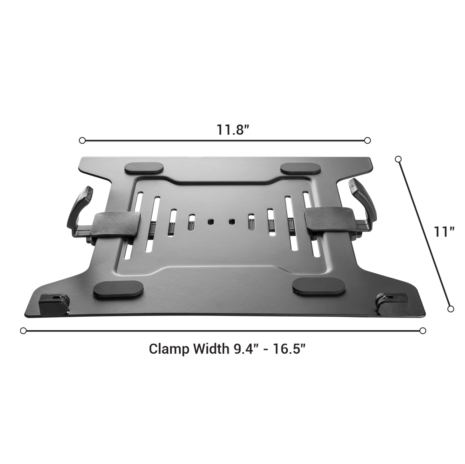 Support VESA pour portable Eco de Desky – Plateau en acier noir mat avec pinces ajustables, rebord de sécurité, refroidissement à air ouvert, VESA