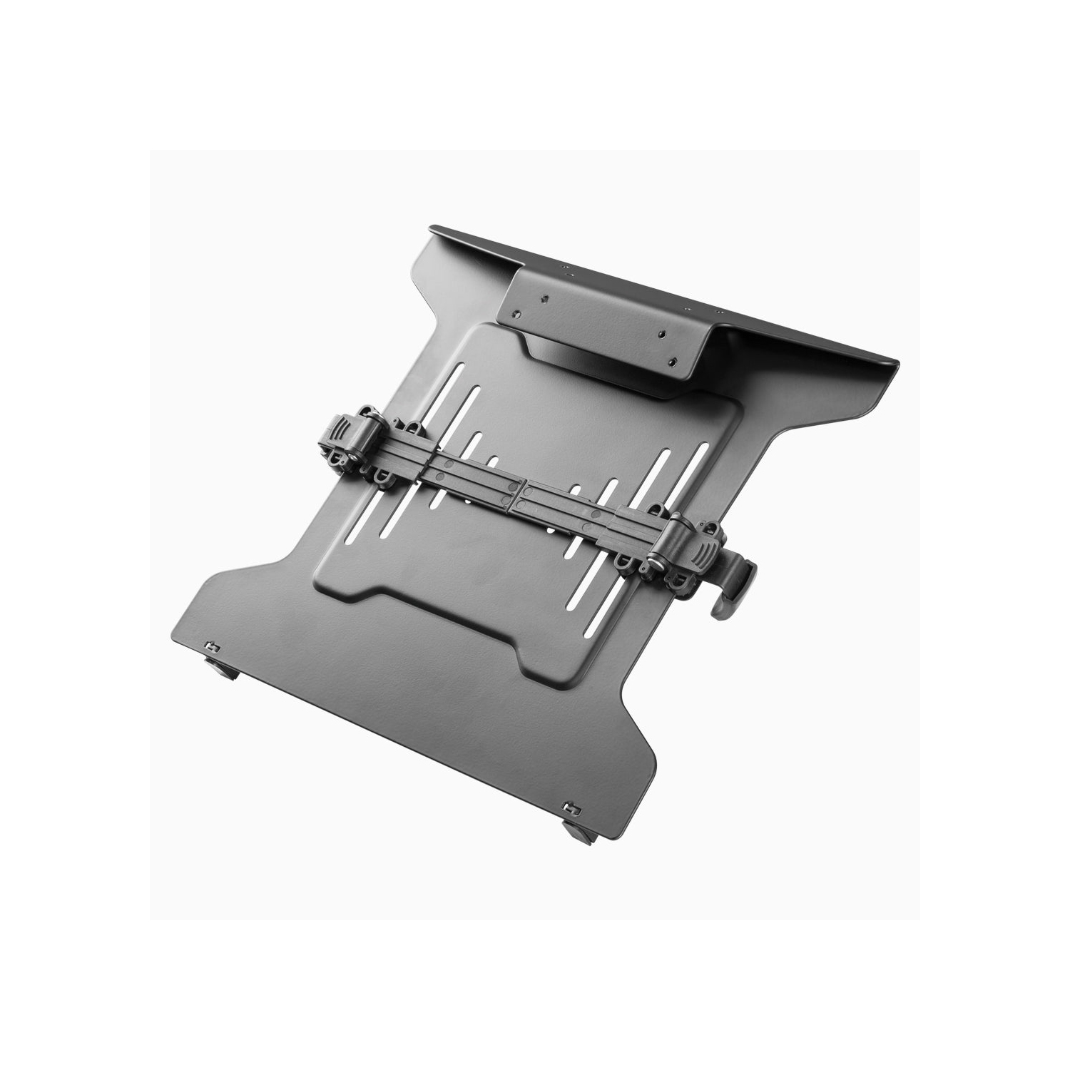 Support VESA pour portable Eco de Desky – Plateau en acier noir mat avec pinces ajustables, rebord de sécurité, refroidissement à air ouvert, VESA