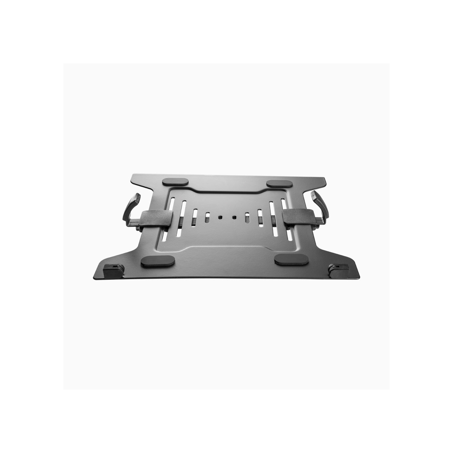 Support VESA pour portable Eco de Desky – Plateau en acier noir mat avec pinces ajustables, rebord de sécurité, refroidissement à air ouvert, VESA