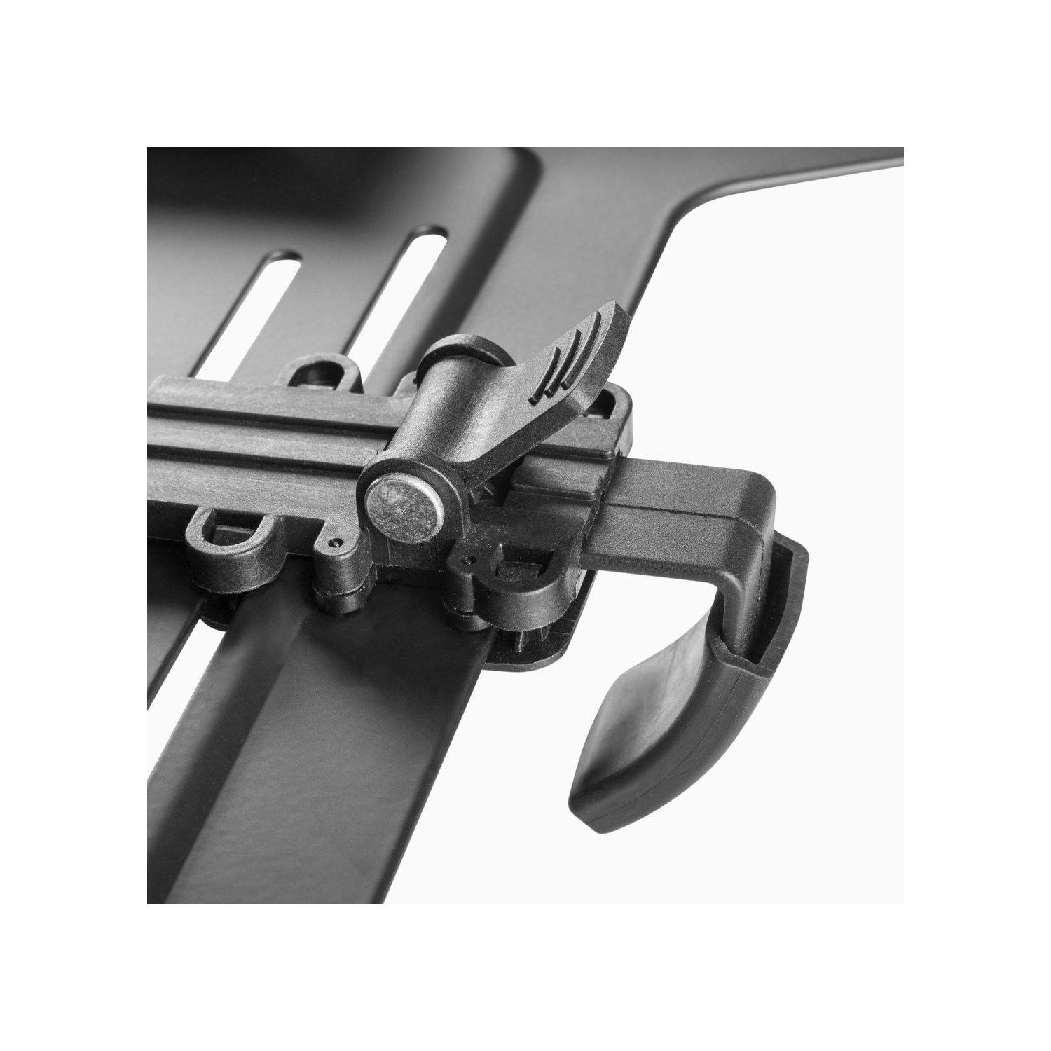 Support VESA pour portable Eco de Desky – Plateau en acier noir mat avec pinces ajustables, rebord de sécurité, refroidissement à air ouvert, VESA