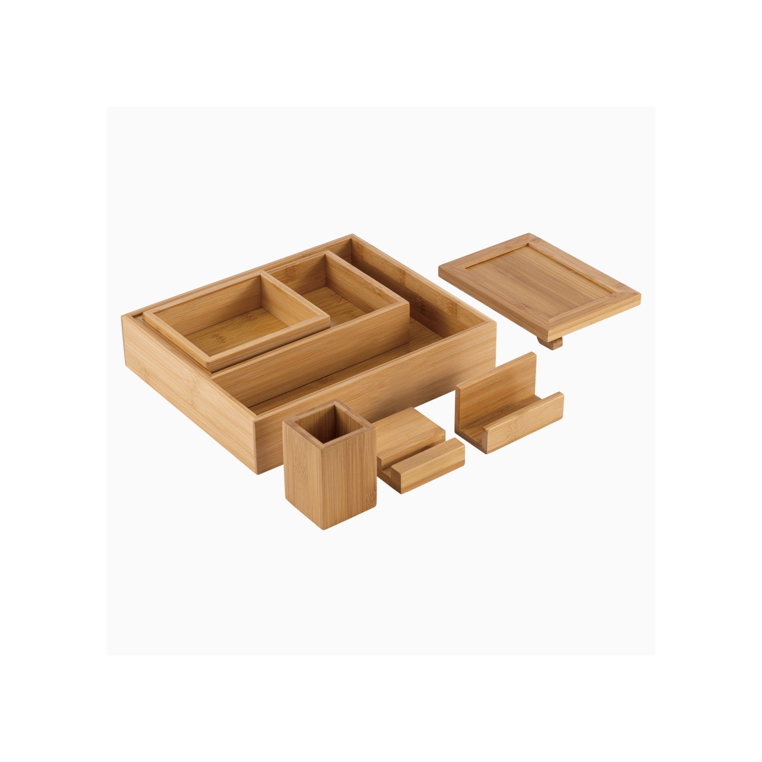 Desky Bamboo Organiser Set – Sustainable Bamboo Storage, 8 Modular Pieces for Pens, Phone, Pictures, Papers