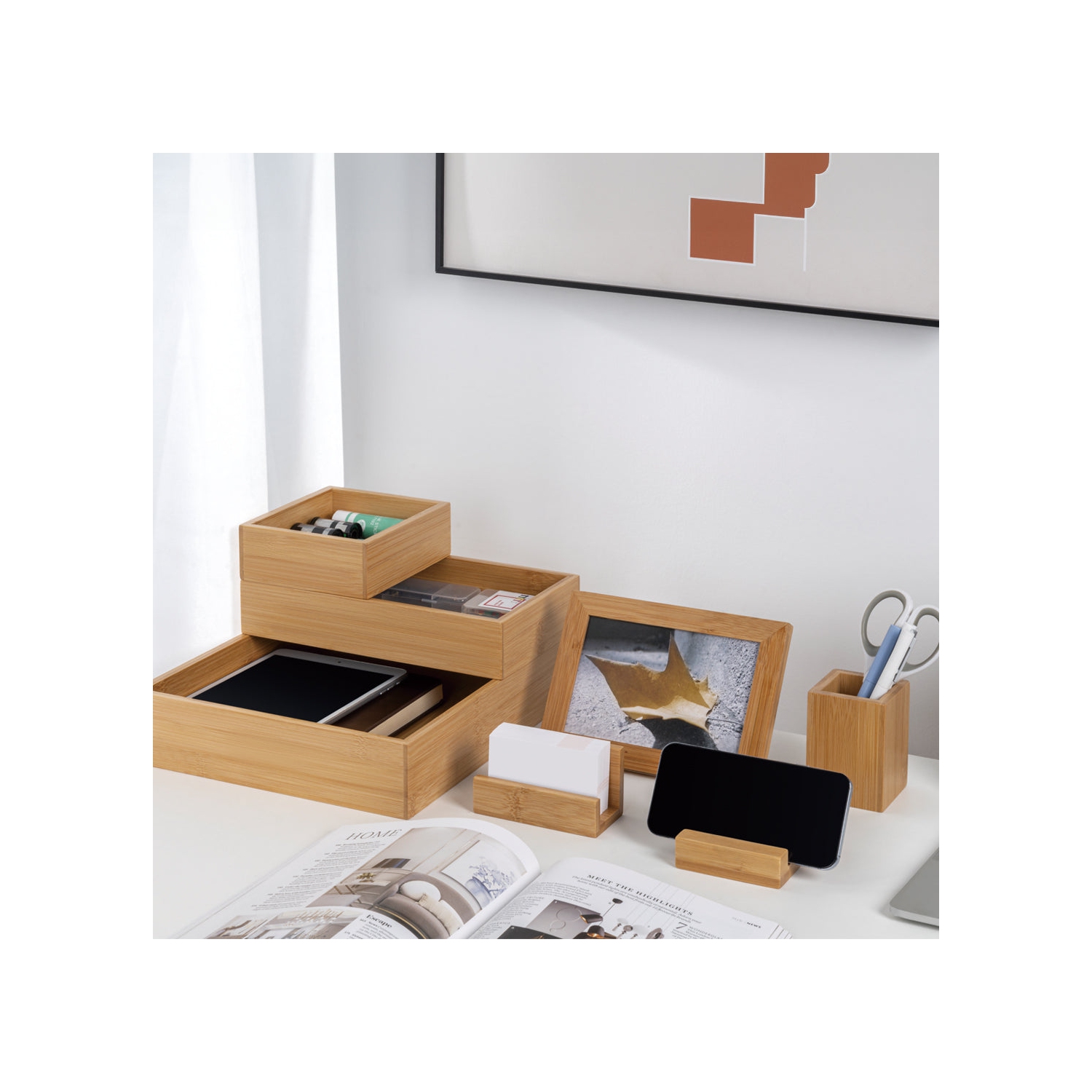 Desky Bamboo Organiser Set – Sustainable Bamboo Storage, 8 Modular Pieces for Pens, Phone, Pictures, Papers