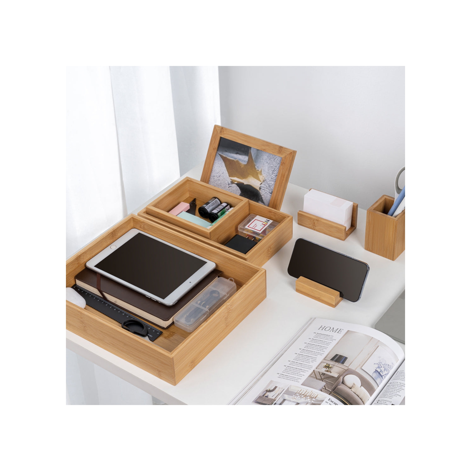 Desky Bamboo Organiser Set – Sustainable Bamboo Storage, 8 Modular Pieces for Pens, Phone, Pictures, Papers