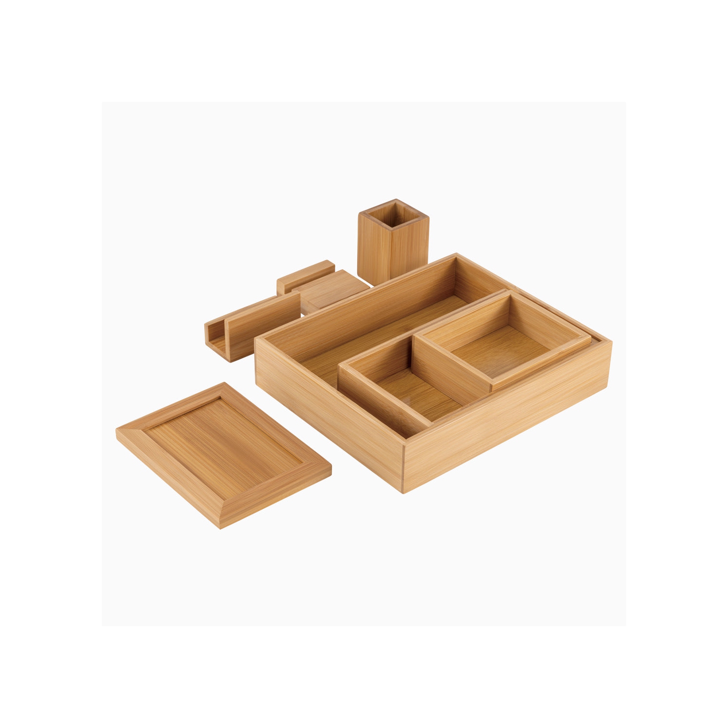 Desky Bamboo Organiser Set – Sustainable Bamboo Storage, 8 Modular Pieces for Pens, Phone, Pictures, Papers