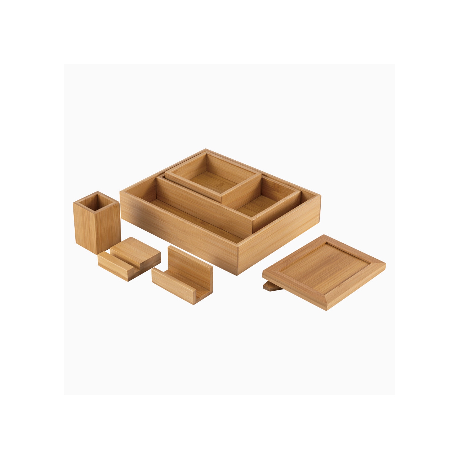 Desky Bamboo Organiser Set – Sustainable Bamboo Storage, 8 Modular Pieces for Pens, Phone, Pictures, Papers