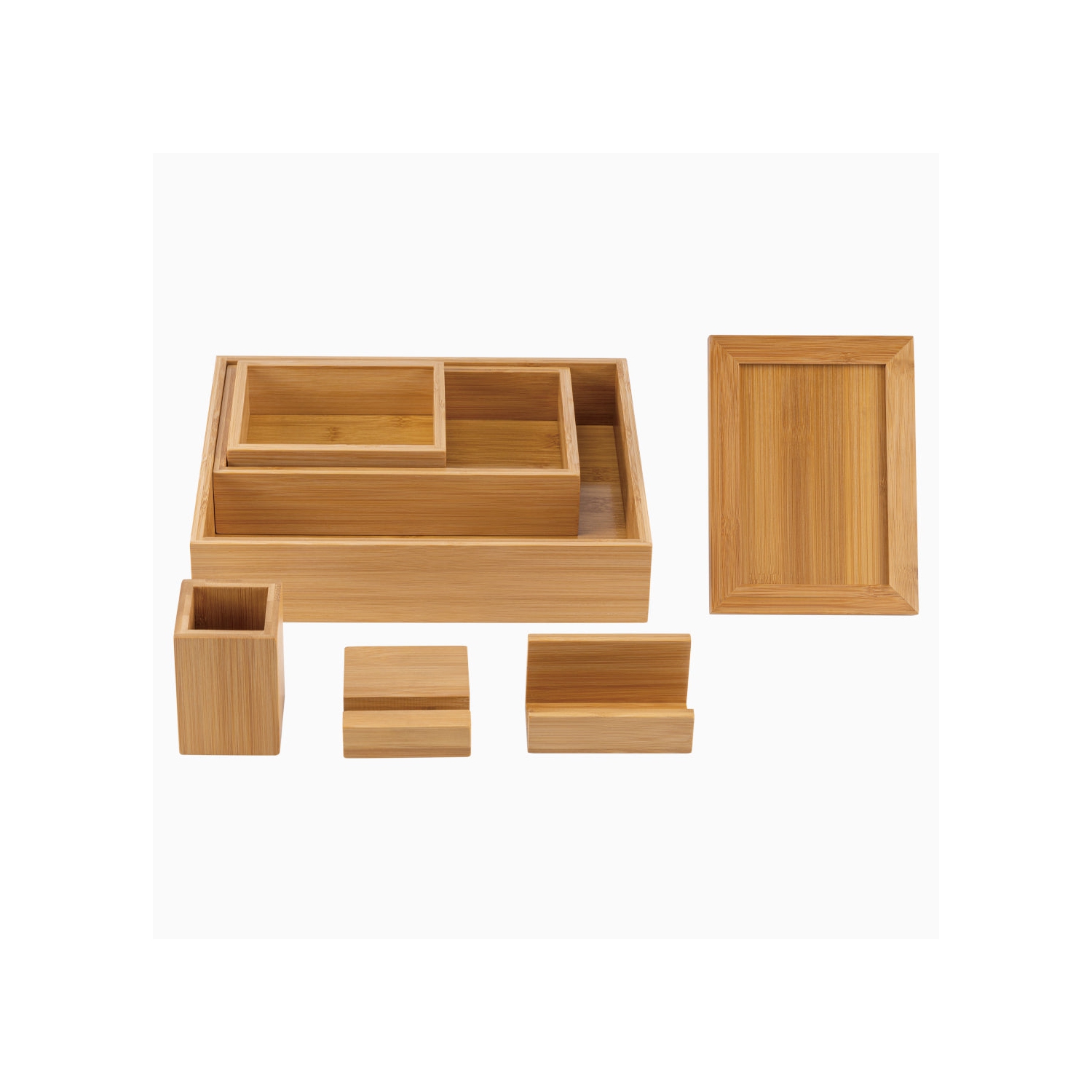 Desky Bamboo Organiser Set – Sustainable Bamboo Storage, 8 Modular Pieces for Pens, Phone, Pictures, Papers
