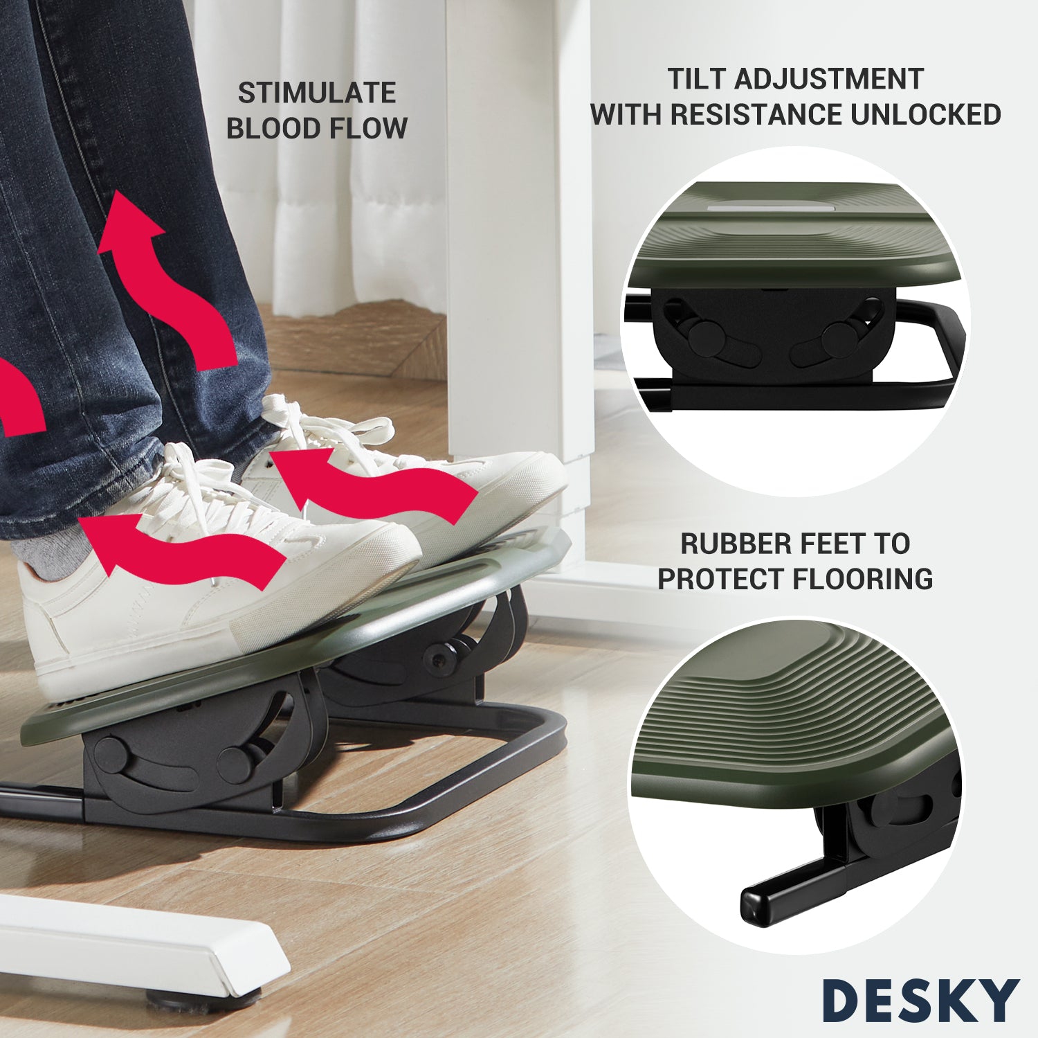 Desky Rippled Foot Rest – Green Textured Tilting Platform +/-20° Incline With Anti-Skid Base And Massage Surface