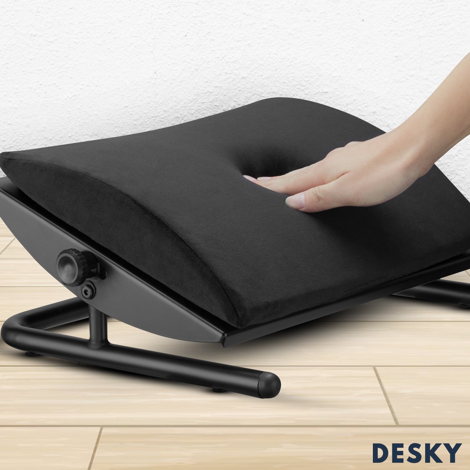 Desky Cushioned Foot Rest – Black Tilting Velvet-Covered Platform With +/-20° Incline, Anti-Skid Base, Removable Cover