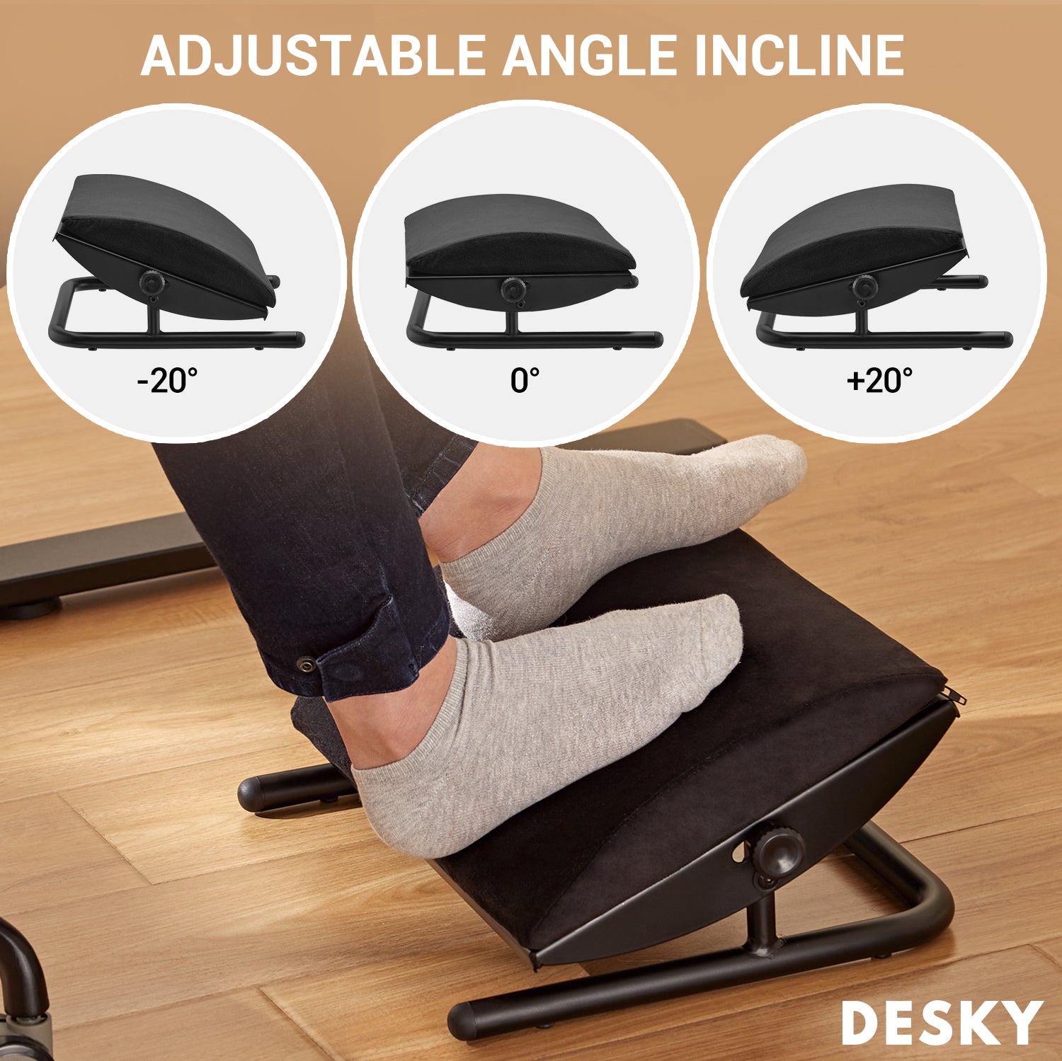 Desky Cushioned Foot Rest – Black Tilting Velvet-Covered Platform With +/-20° Incline, Anti-Skid Base, Removable Cover