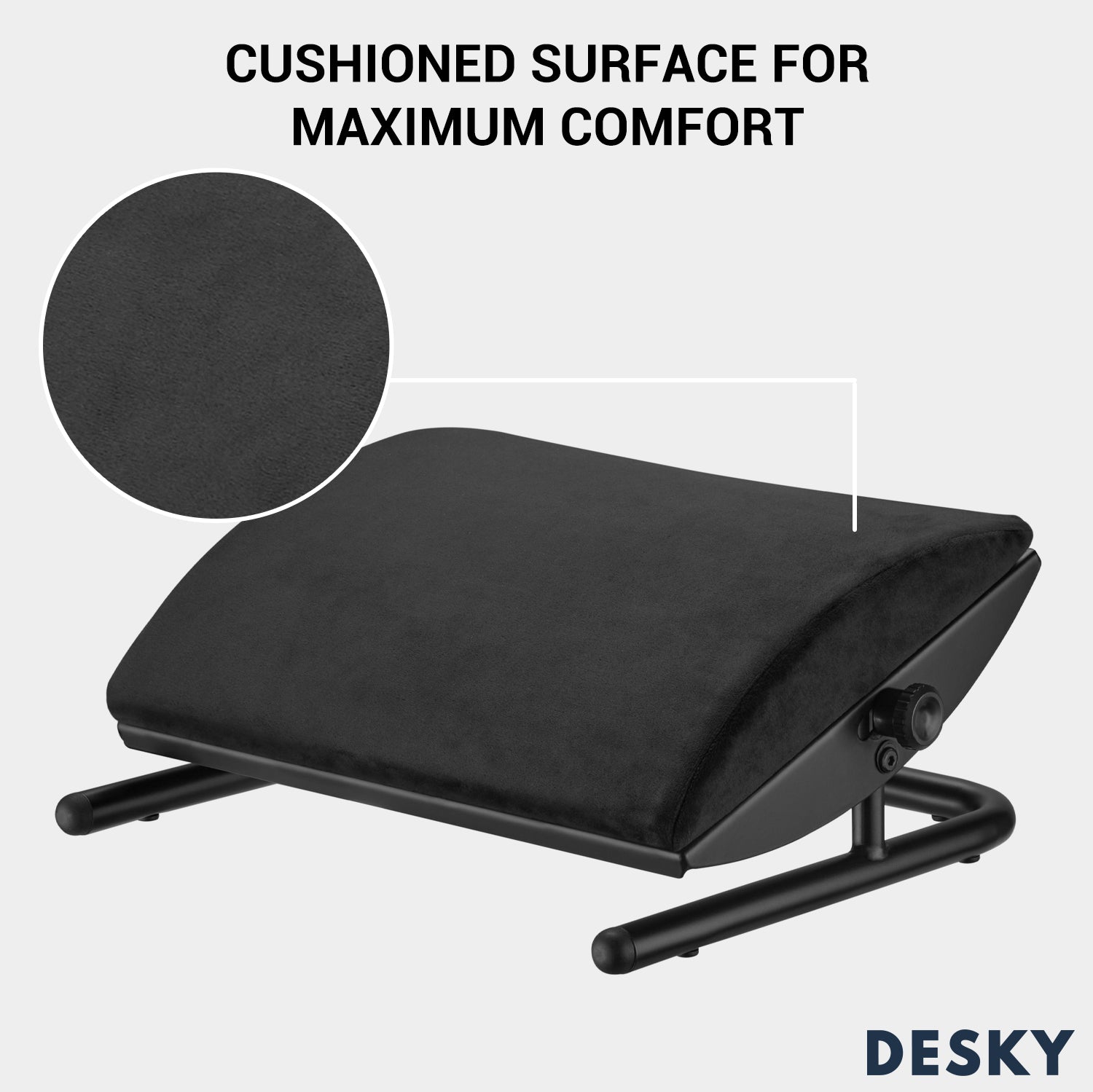 Desky Cushioned Foot Rest – Black Tilting Velvet-Covered Platform With +/-20° Incline, Anti-Skid Base, Removable Cover