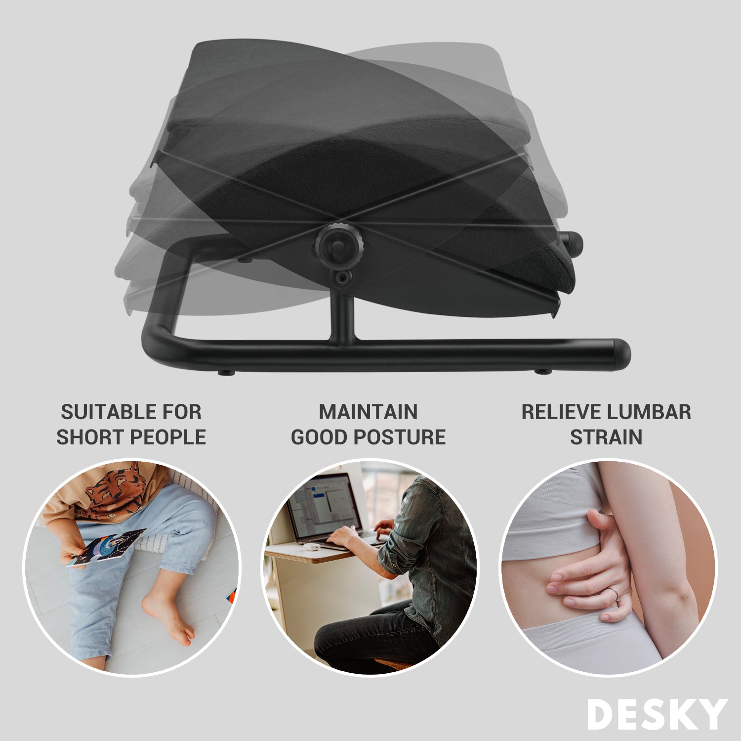 Desky Cushioned Foot Rest – Black Tilting Velvet-Covered Platform With +/-20° Incline, Anti-Skid Base, Removable Cover