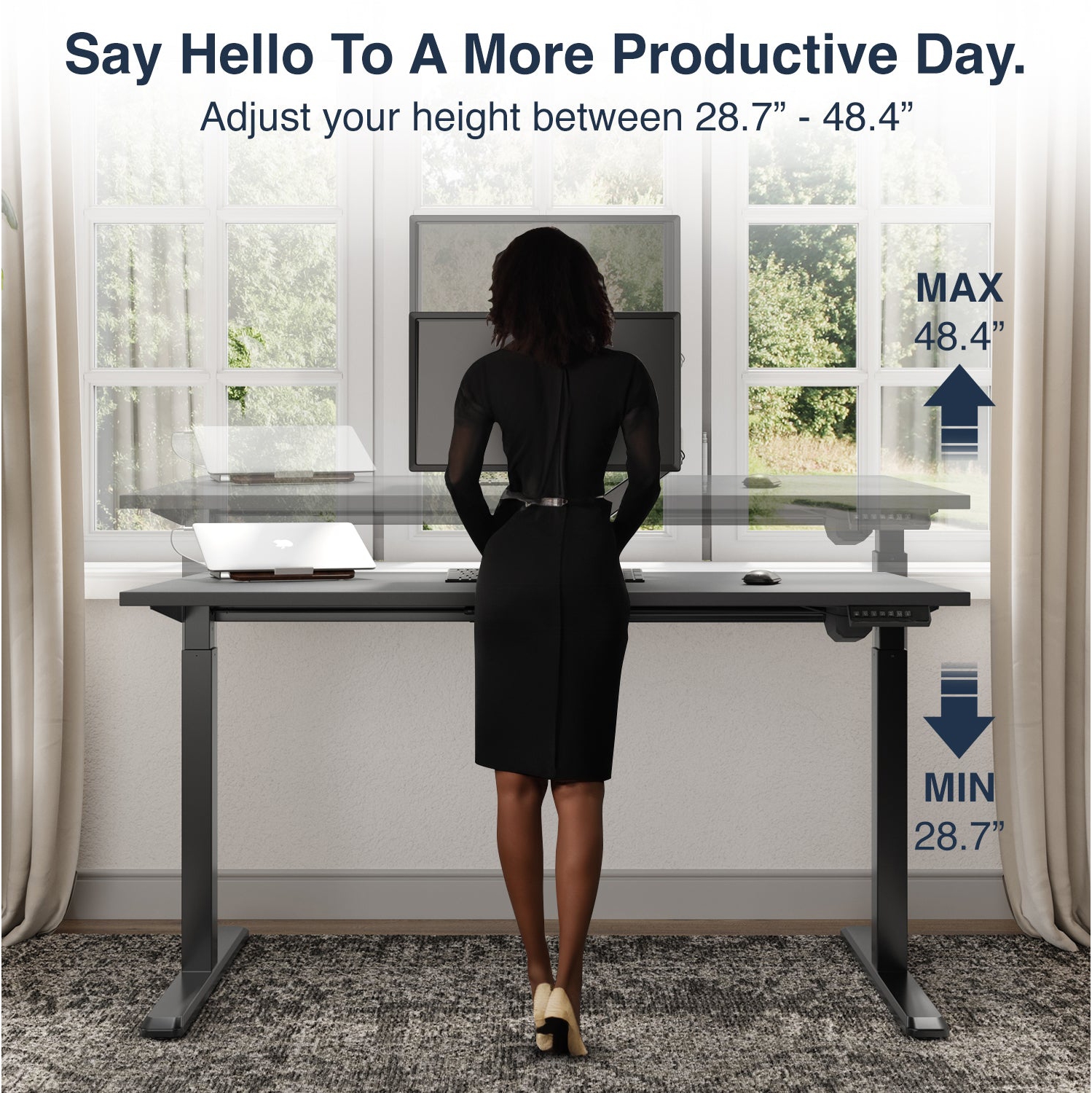 Desky Single Sit-Stand Desk - 59.1" Black Top Single Motor Up To 48.4 Inch Lift 176 Lb Capacity, White Frame