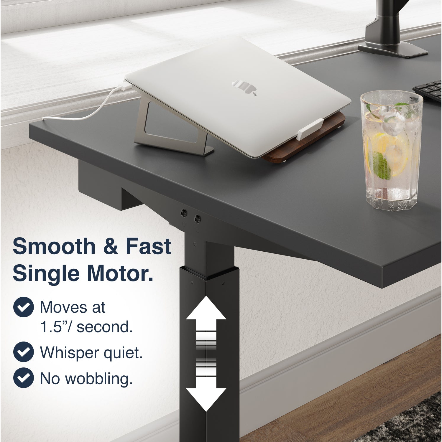 Bureau assis/debout simple de Desky – 59,1&nbsp;po, dessus noir, moteur simple, capacité maximale de 48,4&nbsp;po, capacité de 176 lb, cadre noir