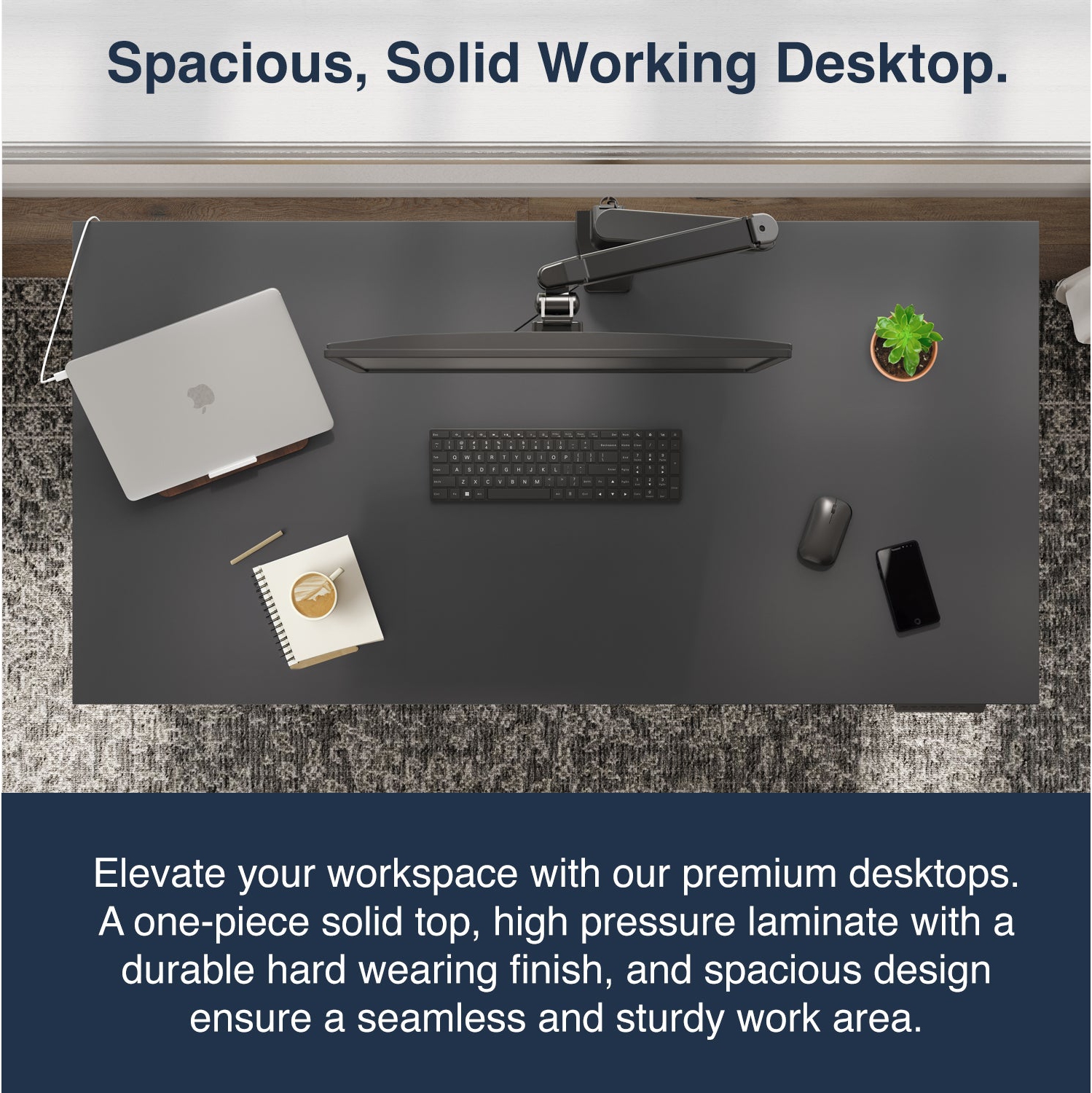 Bureau assis/debout simple de Desky – 59,1&nbsp;po, dessus noir, moteur simple, capacité maximale de 48,4&nbsp;po, capacité de 176 lb, cadre noir